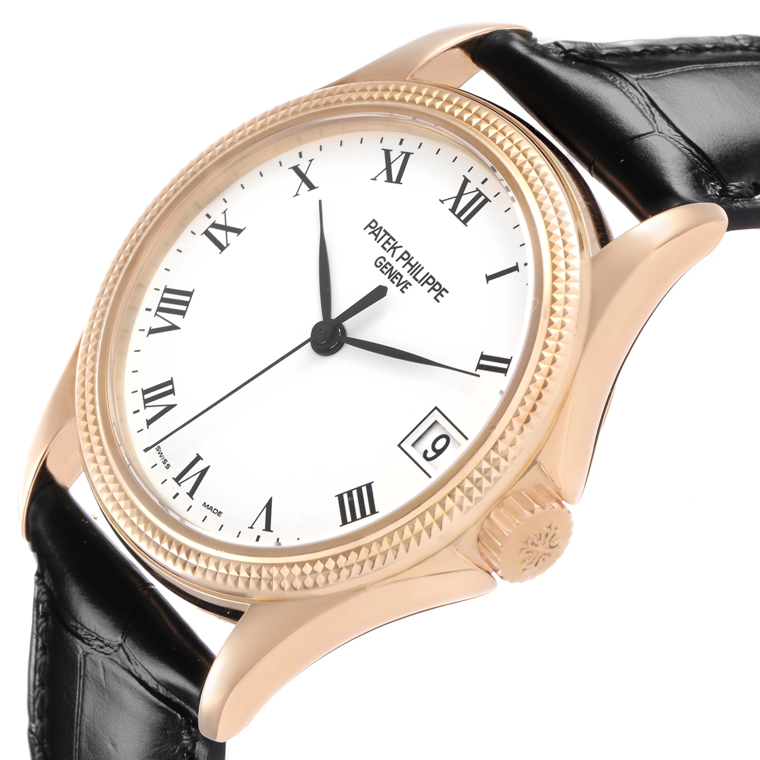The Patek Philippe Calatrava 5117R-001 Mens Rose Gold White Dial watch is shown at a side angle, highlighting the bezel, crown, strap, and Roman numeral dial.