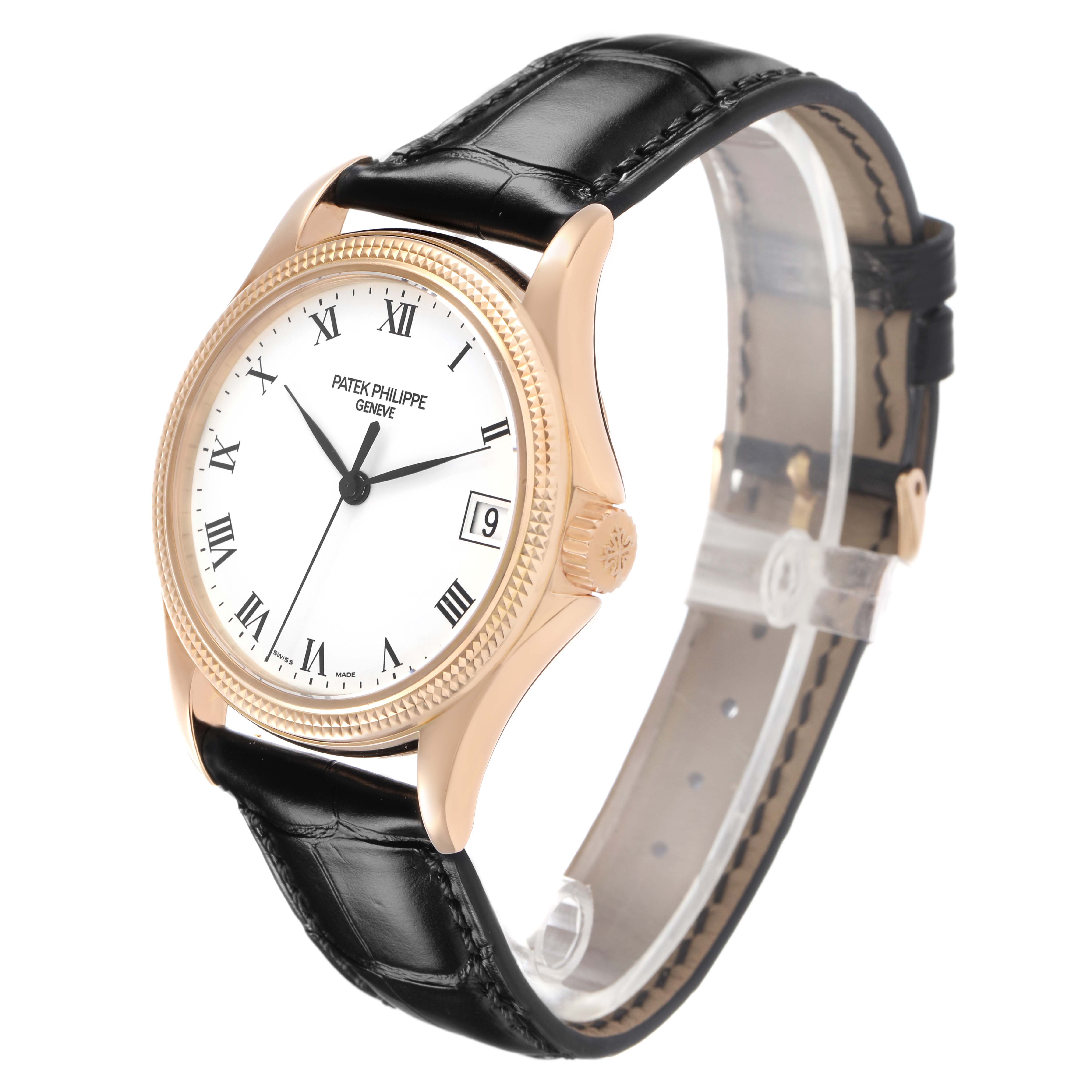 The Patek Philippe Calatrava 5117R-001 Mens Rose Gold White Dial watch is shown at a three-quarter angle, displaying the face, case, crown, and black leather strap.