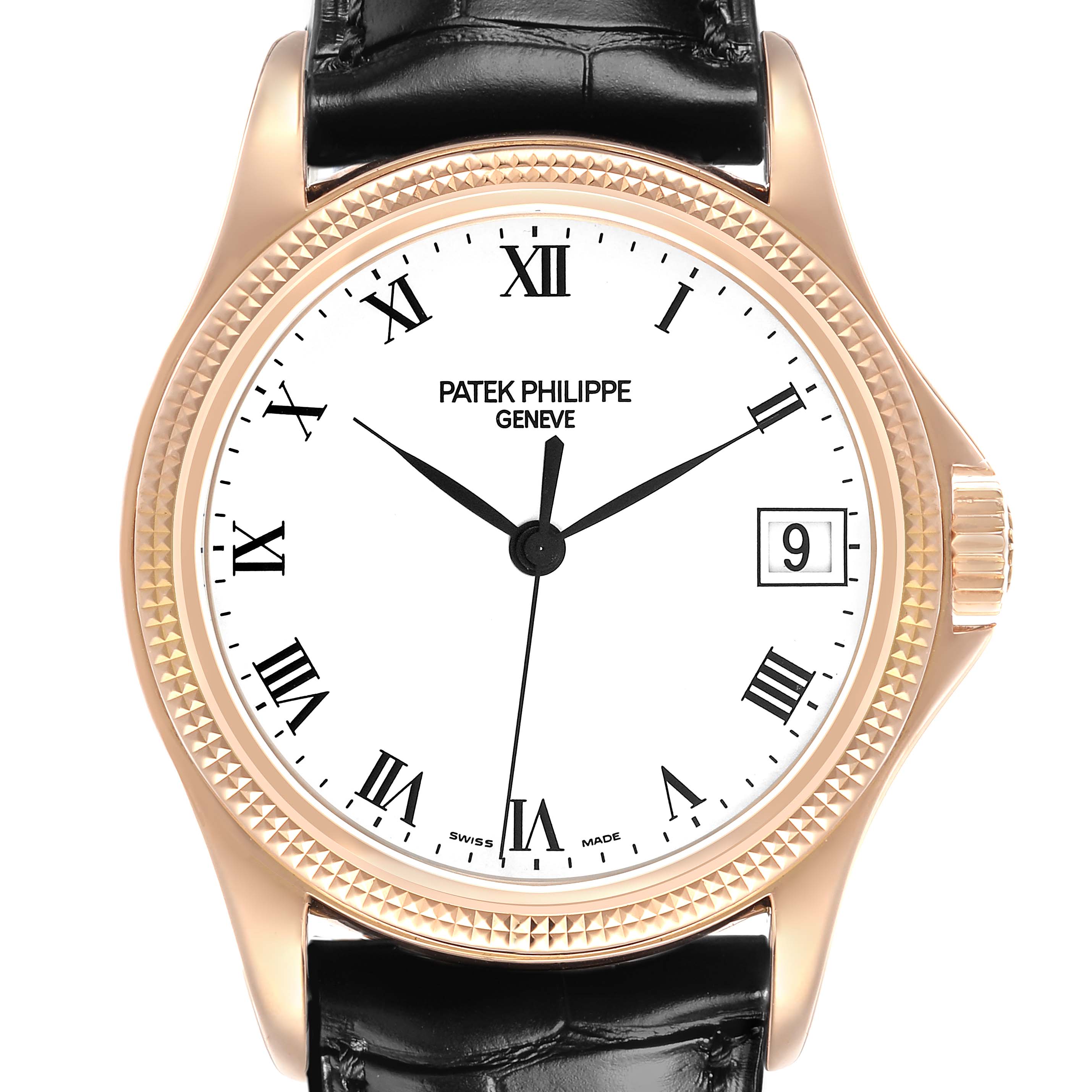 This image shows a front view of the Patek Philippe Calatrava 5117R-001 Mens Rose Gold White Dial watch, highlighting its dial, hands, and Roman numeral indices.