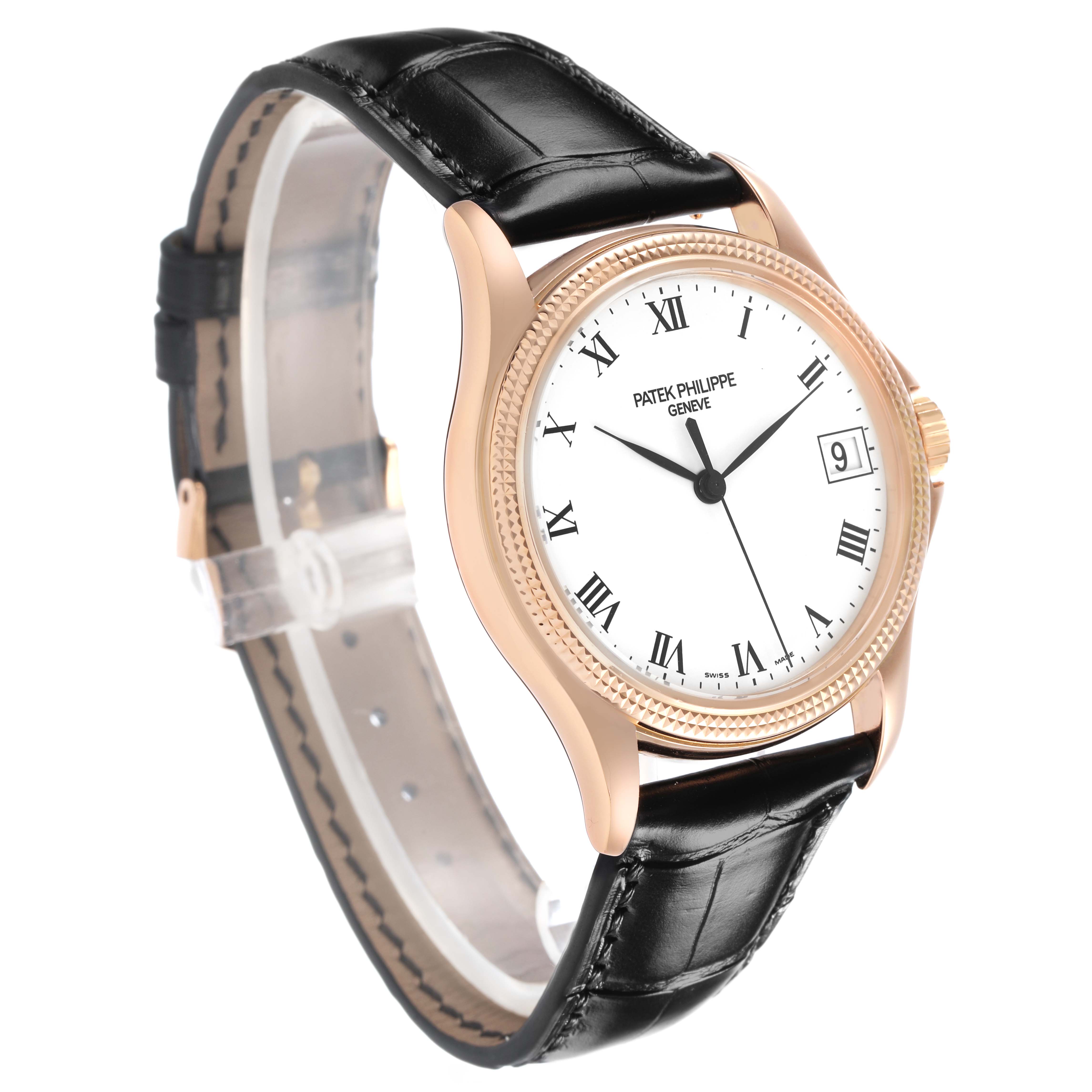 The Patek Philippe Calatrava 5117R-001 Mens Rose Gold White Dial watch is shown at a three-quarter angle, highlighting the dial, bezel, and black leather strap.