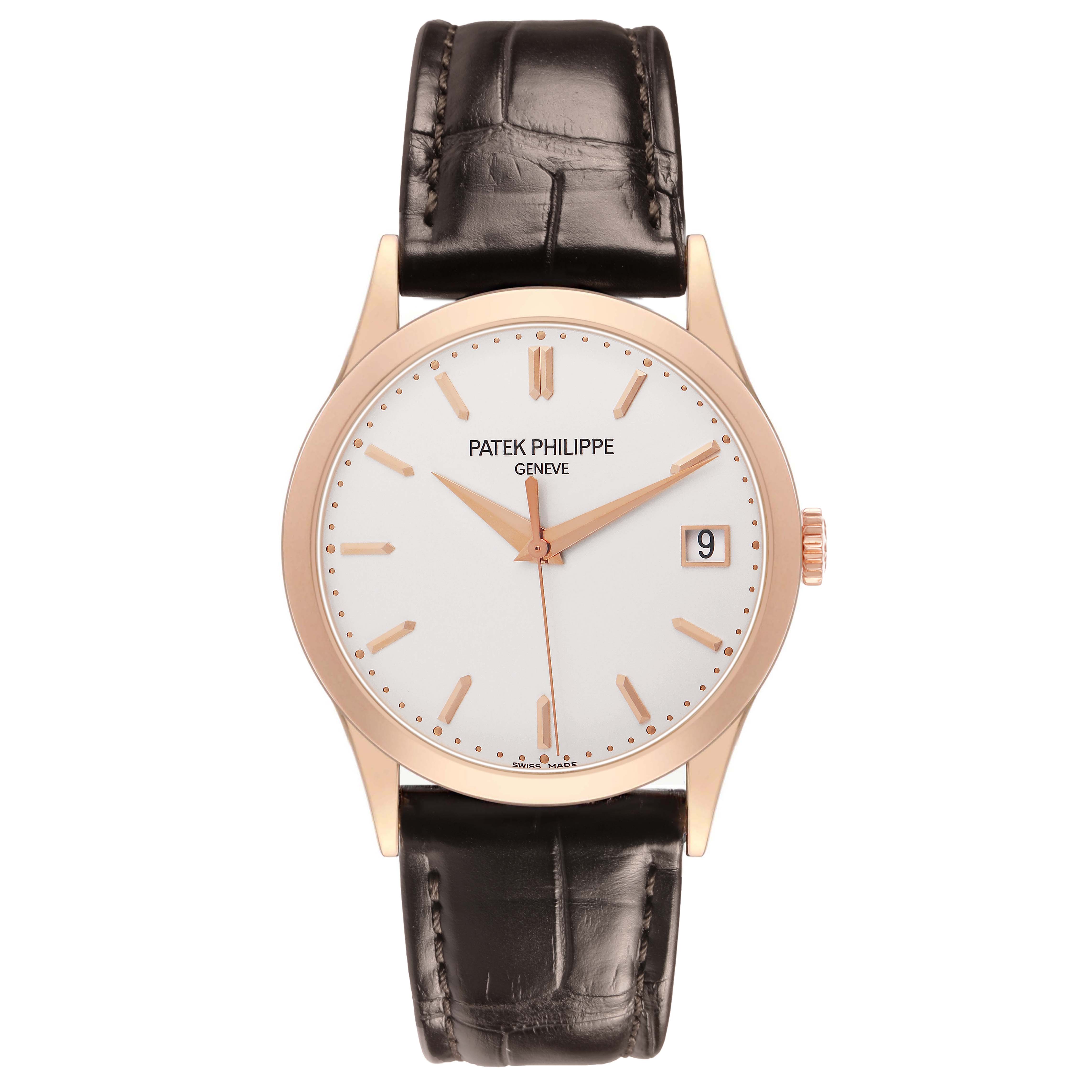 The Patek Philippe Calatrava 5296R-010 Men's Rose Gold Silver Dial watch is shown from the front, displaying the dial, hands, date, and leather strap.