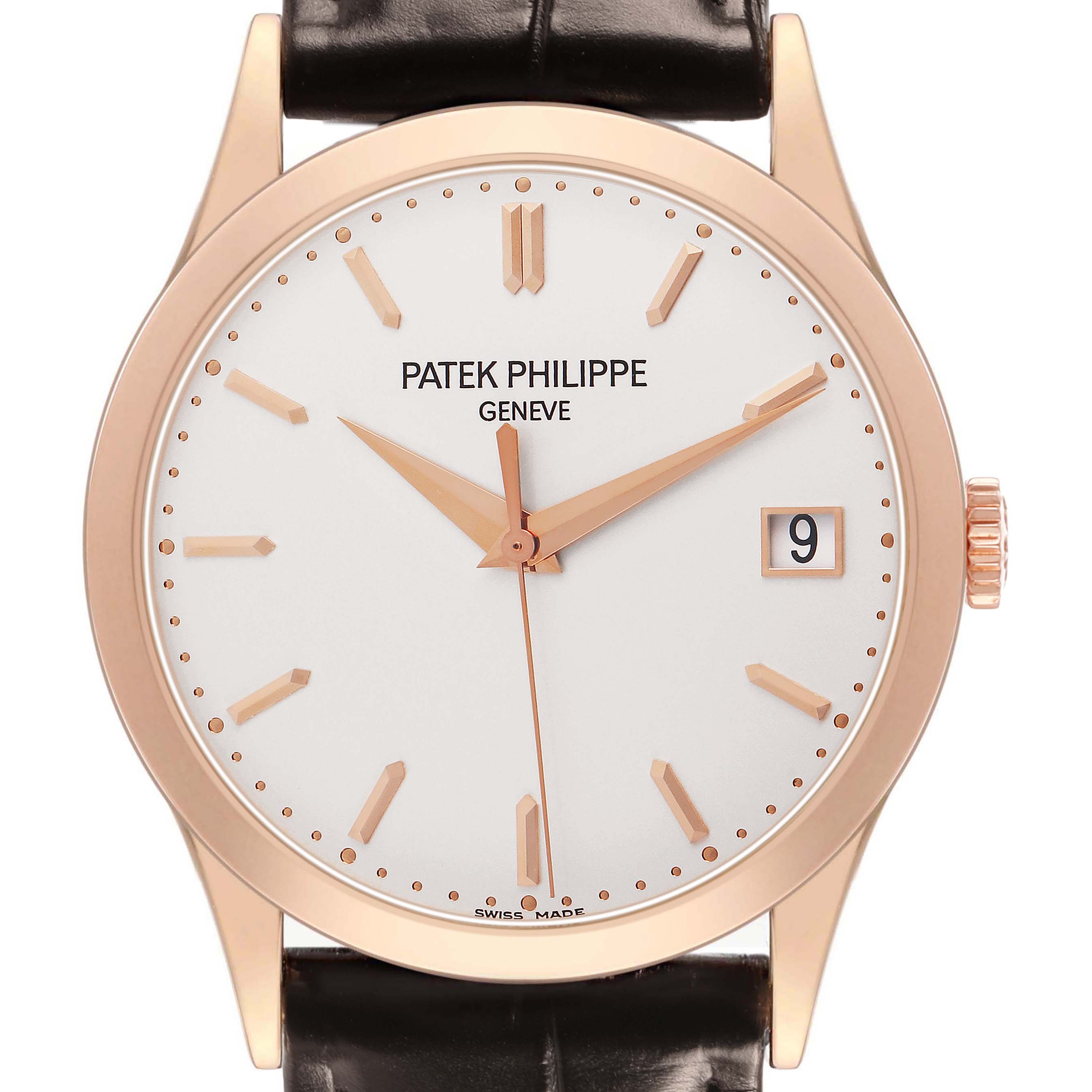The Patek Philippe Calatrava 5296R-010 Men's Rose Gold Silver Dial watch is shown from a front angle, displaying the dial, hands, markers, and date feature.