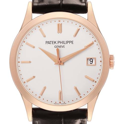 The Patek Philippe Calatrava 5296R-010 Mens Rose Gold Silver Dial watch is shown from the front, highlighting the dial, hands, indices, and date window.