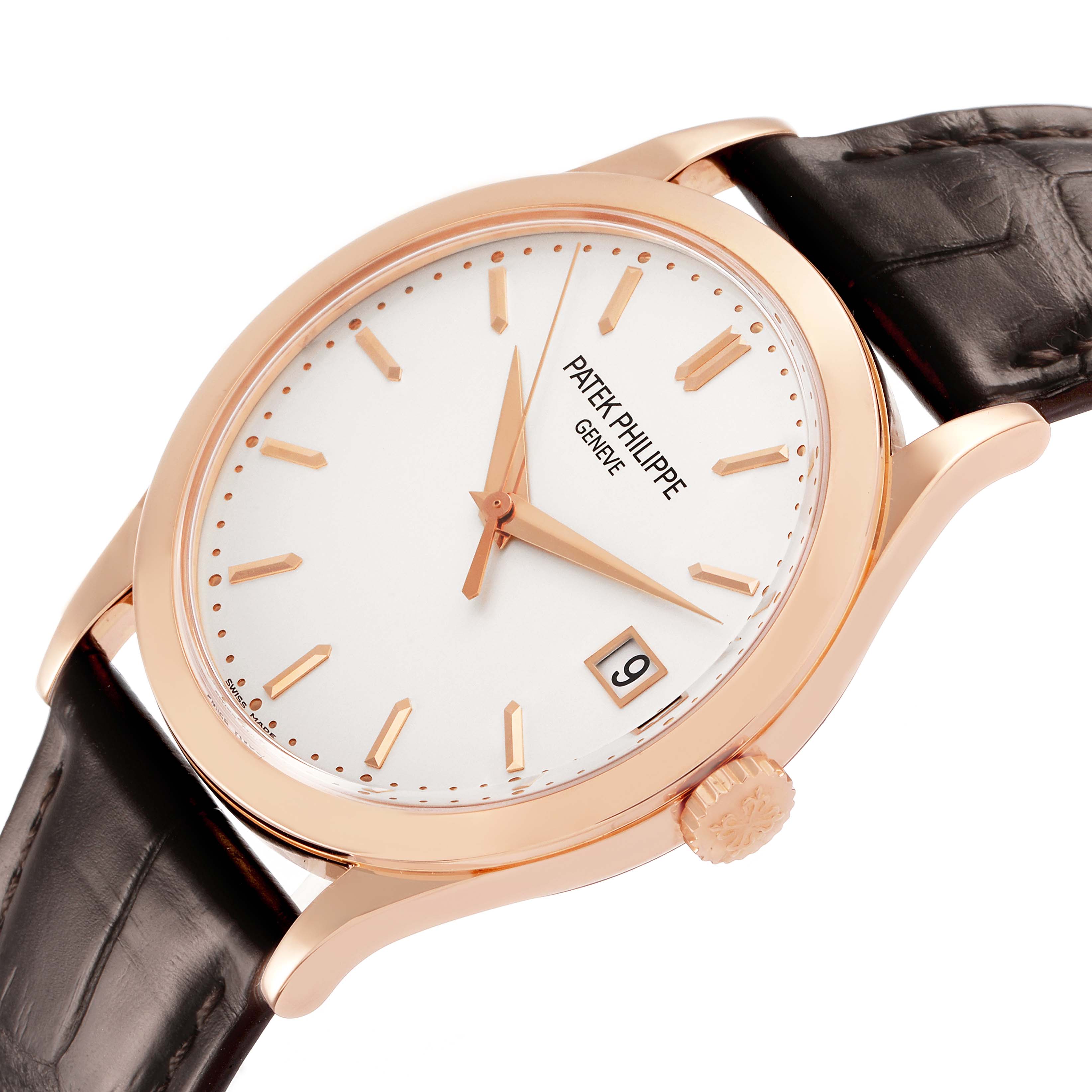 The Patek Philippe Calatrava 5296R-010 Men's Rose Gold Silver Dial watch is shown at a tilted angle, highlighting the face, lugs, crown, and leather strap.