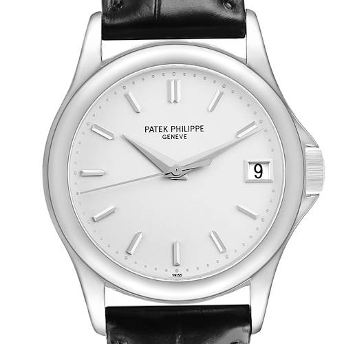 The Patek Philippe Calatrava 5127G-001 Men's White Gold White Dial watch is shown from the front, displaying the dial, hands, hour markers, and date window.