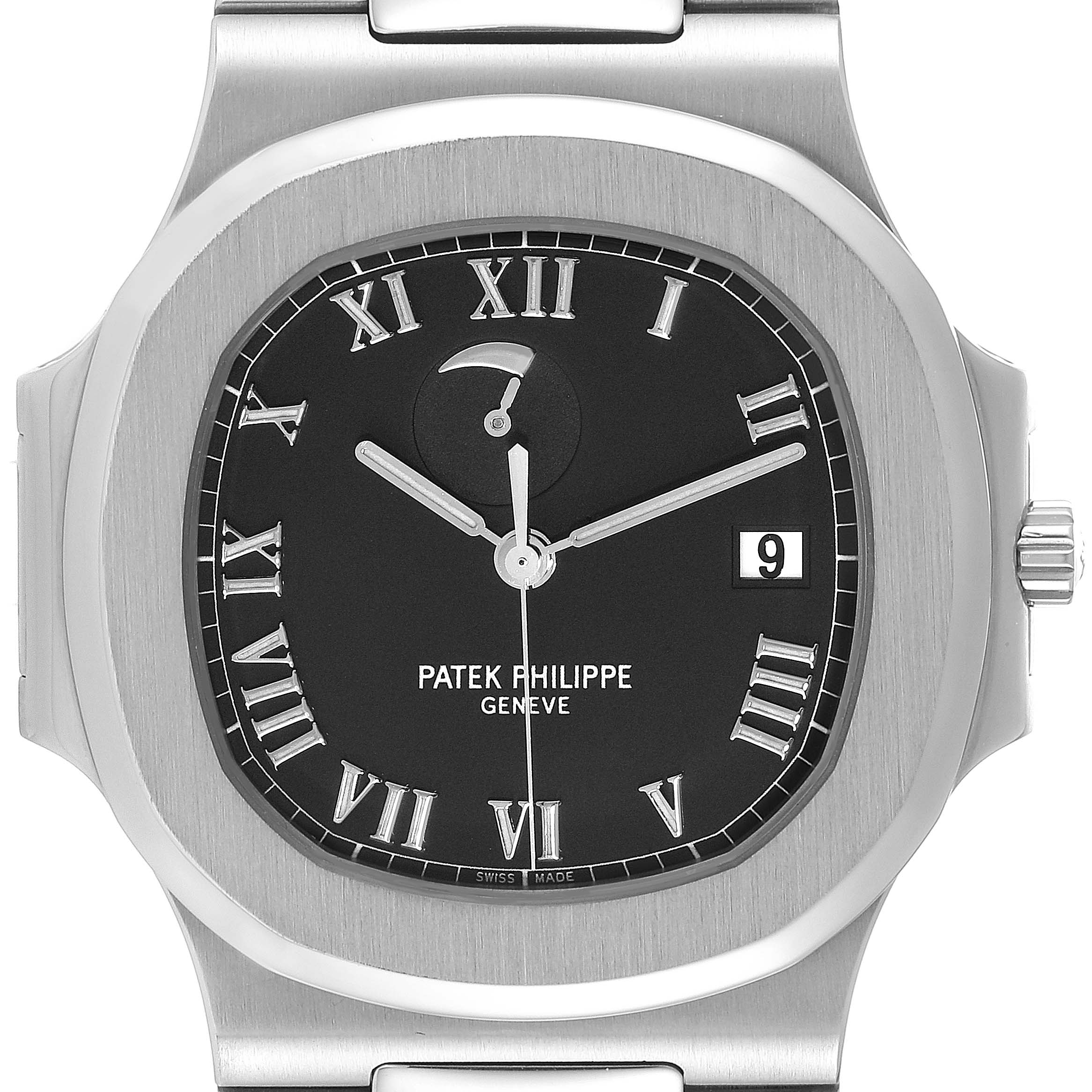 The image shows a front close-up of a Patek Philippe Nautilus 3710/1A Men's Stainless Steel Black Dial 3710/1A Men's Stainless Steel Black Dial watch, highlighting the dial, hands, date window, and part of the bezel.