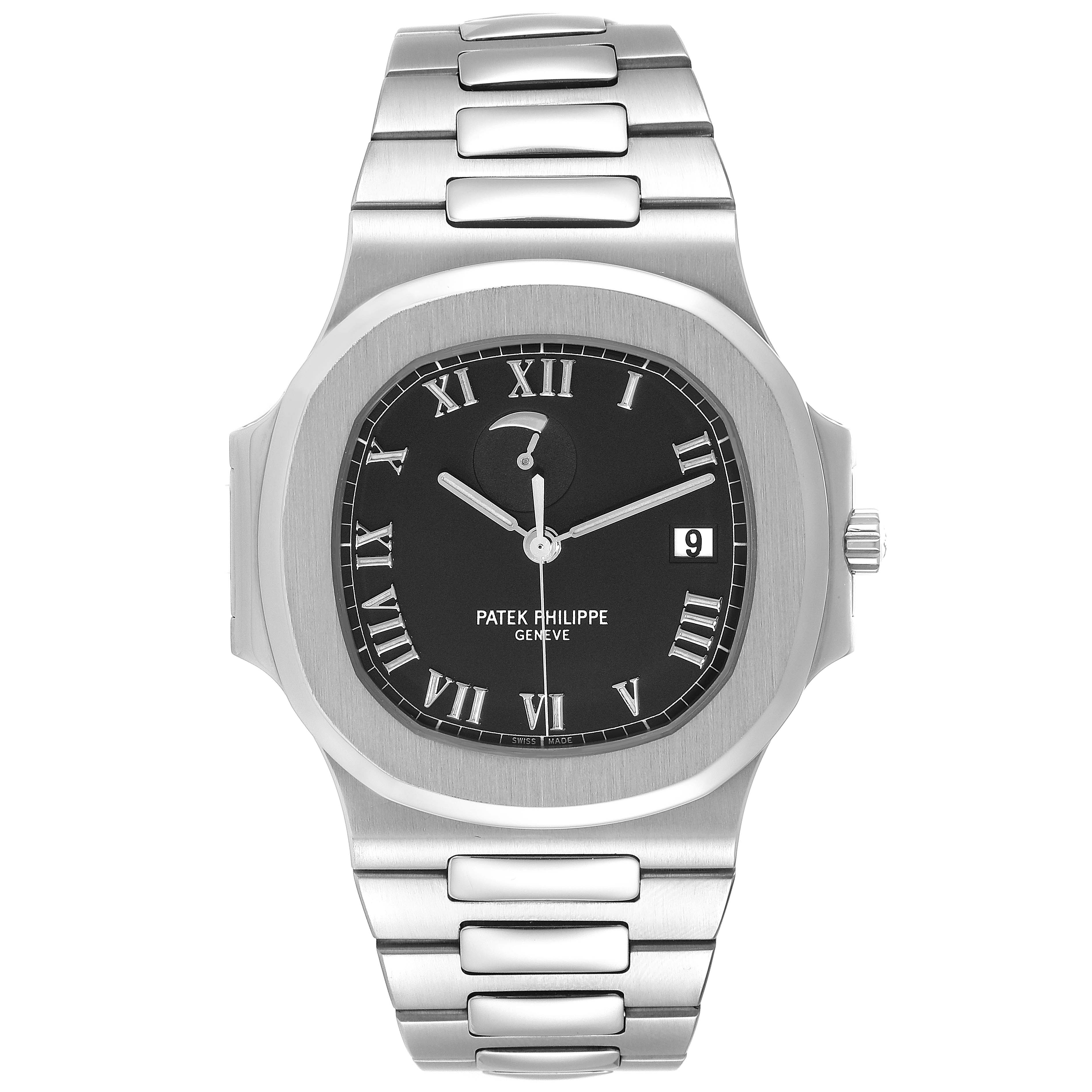 The image shows a front view of a Patek Philippe Nautilus 3710/1A Men's Stainless Steel Black Dial 3710/1A Men's Stainless Steel Black Dial watch, displaying the face, bezel, and bracelet.