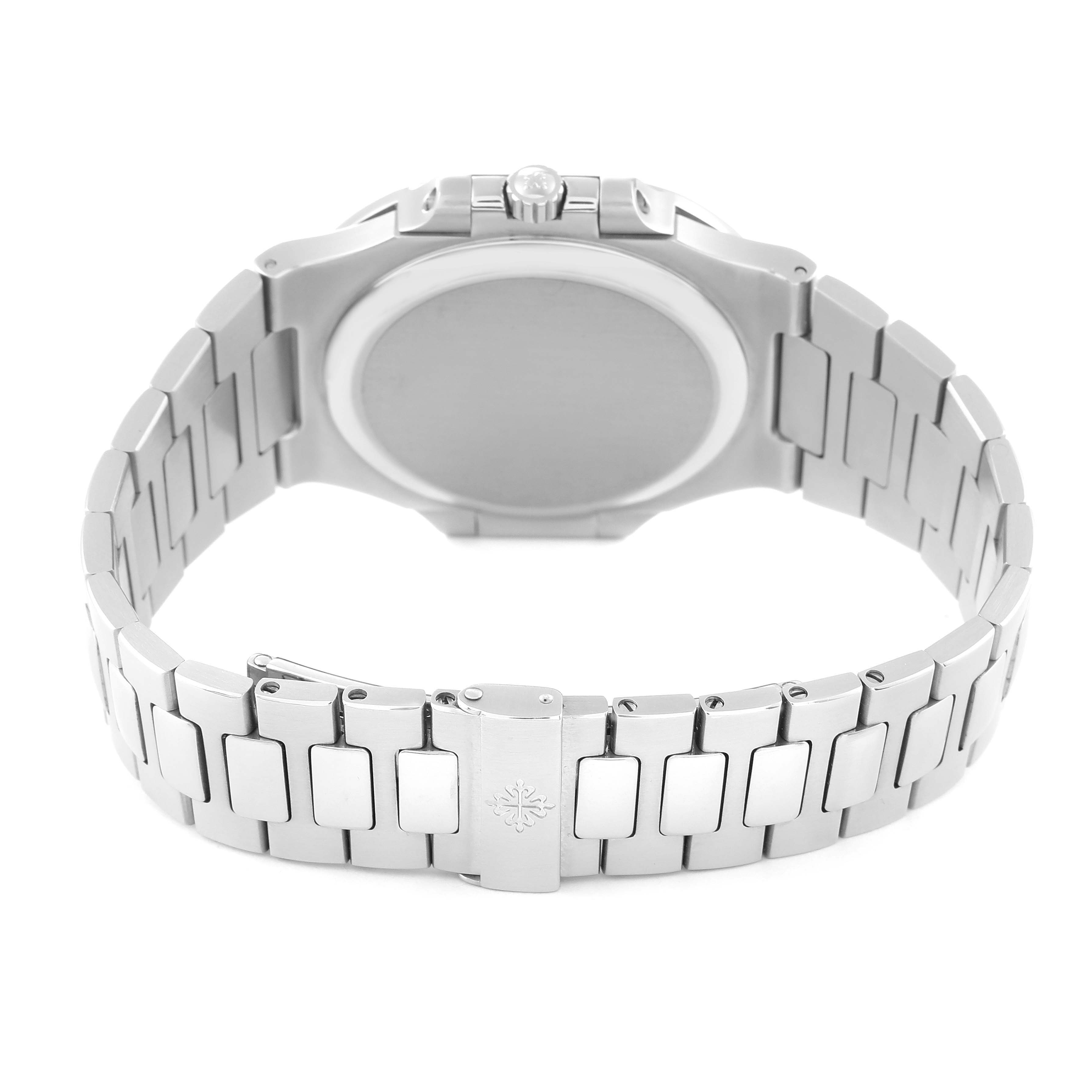 The image shows the backside and bracelet of a Patek Philippe Nautilus 3710/1A Men's Stainless Steel Black Dial 3710/1A Men's Stainless Steel Black Dial watch, highlighting the clasp and case back.