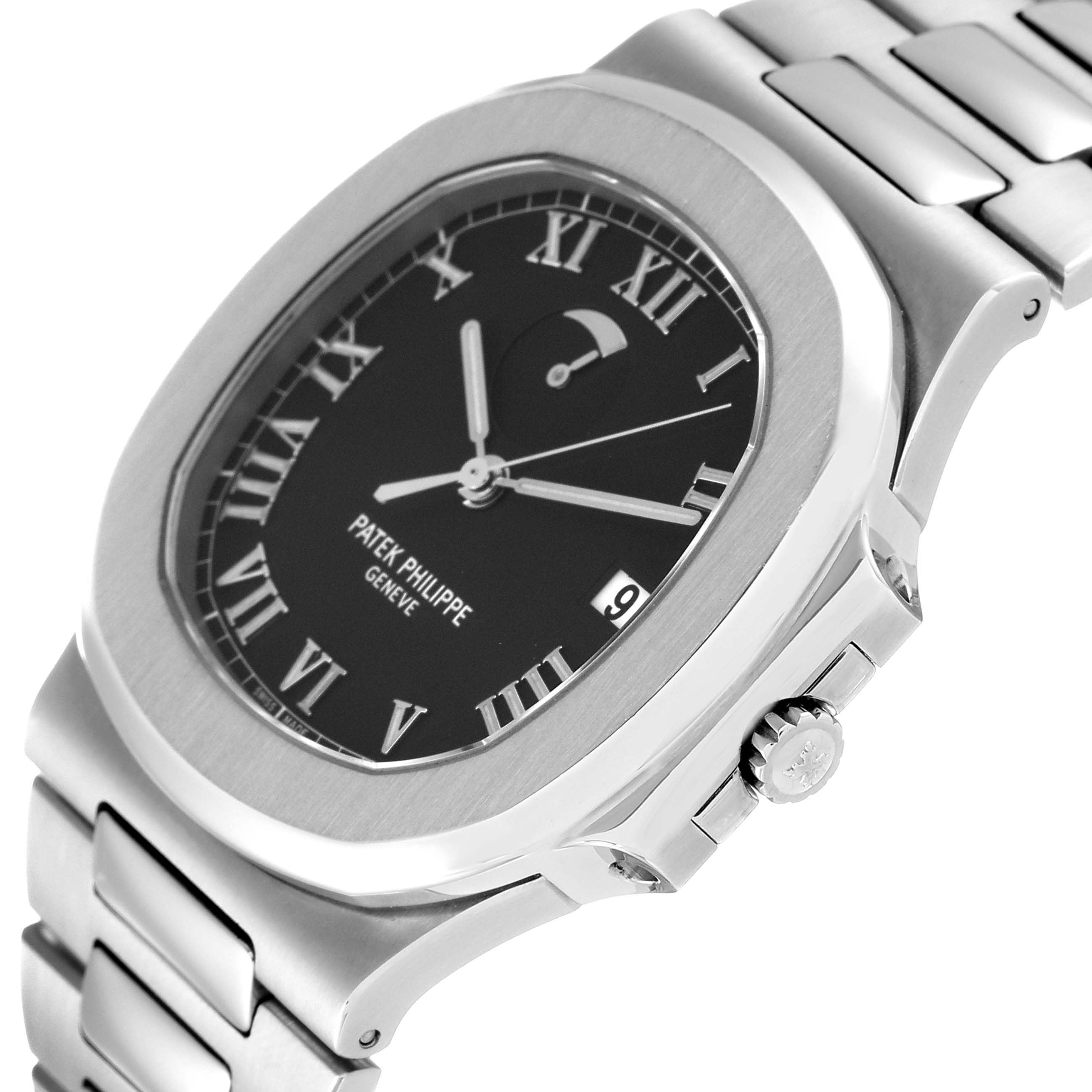 The image shows a side angle view of a Patek Philippe Nautilus 3710/1A Men's Stainless Steel Black Dial 3710/1A Men's Stainless Steel Black Dial watch, highlighting the dial, bezel, crown, and part of the bracelet.