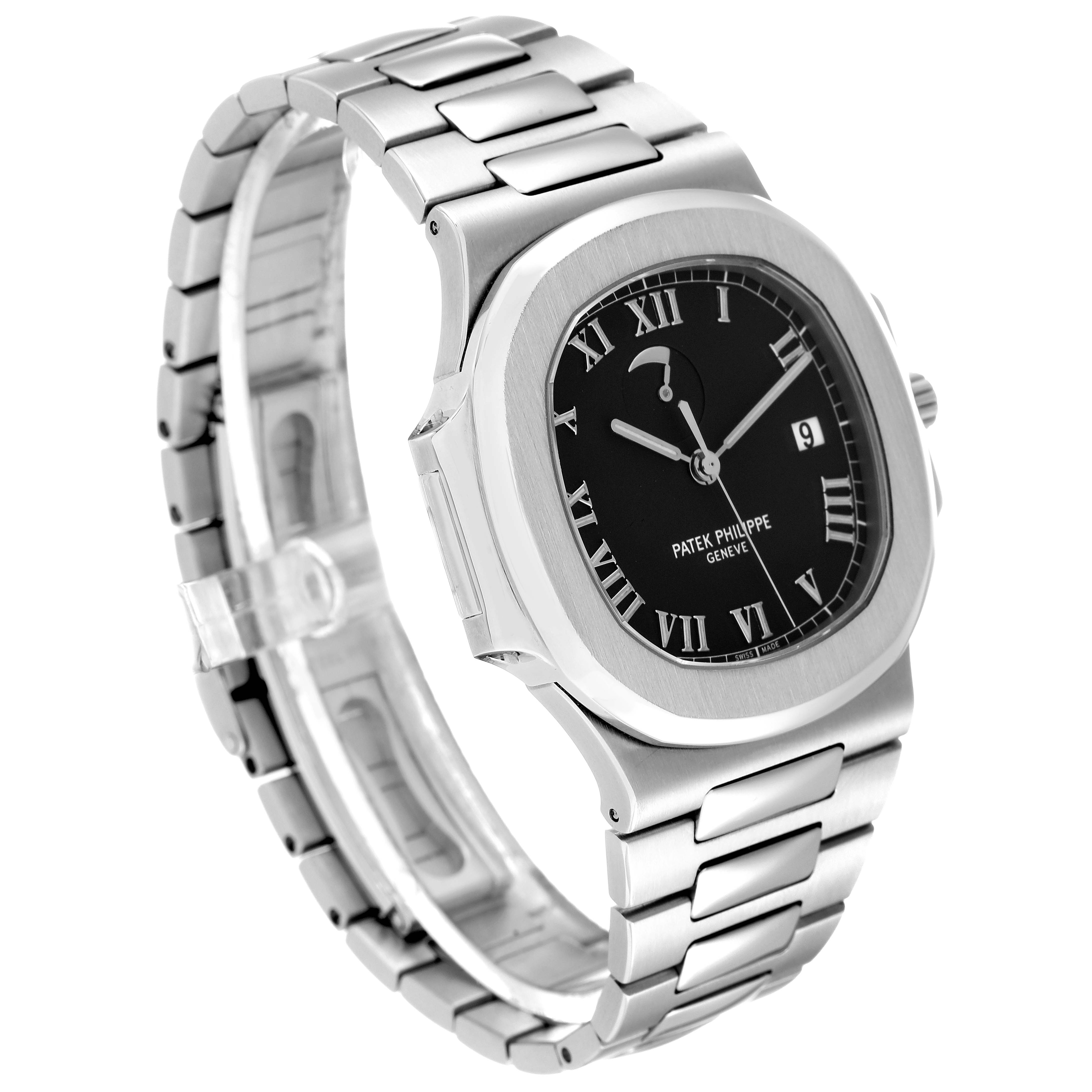 The image shows a side angle of the Patek Philippe Nautilus 3710/1A Men's Stainless Steel Black Dial 3710/1A Men's Stainless Steel Black Dial wristwatch, featuring its dial, bezel, crown, and bracelet.