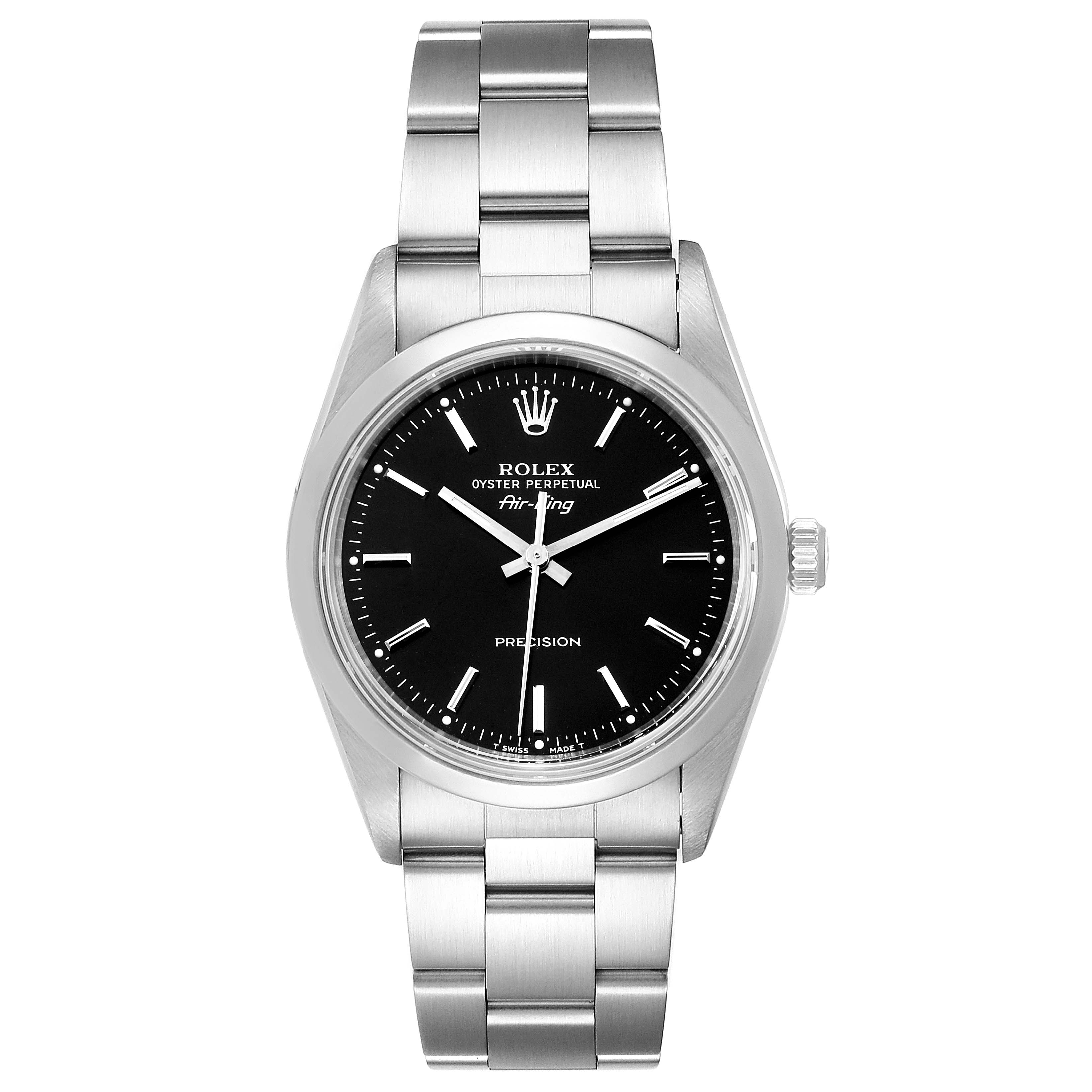 This image shows a front view of the Rolex Air-King 14000 Men's Stainless Steel Black Dial 14000 Men's Stainless Steel Black Dial watch, highlighting the dial, bezel, bracelet, and crown.