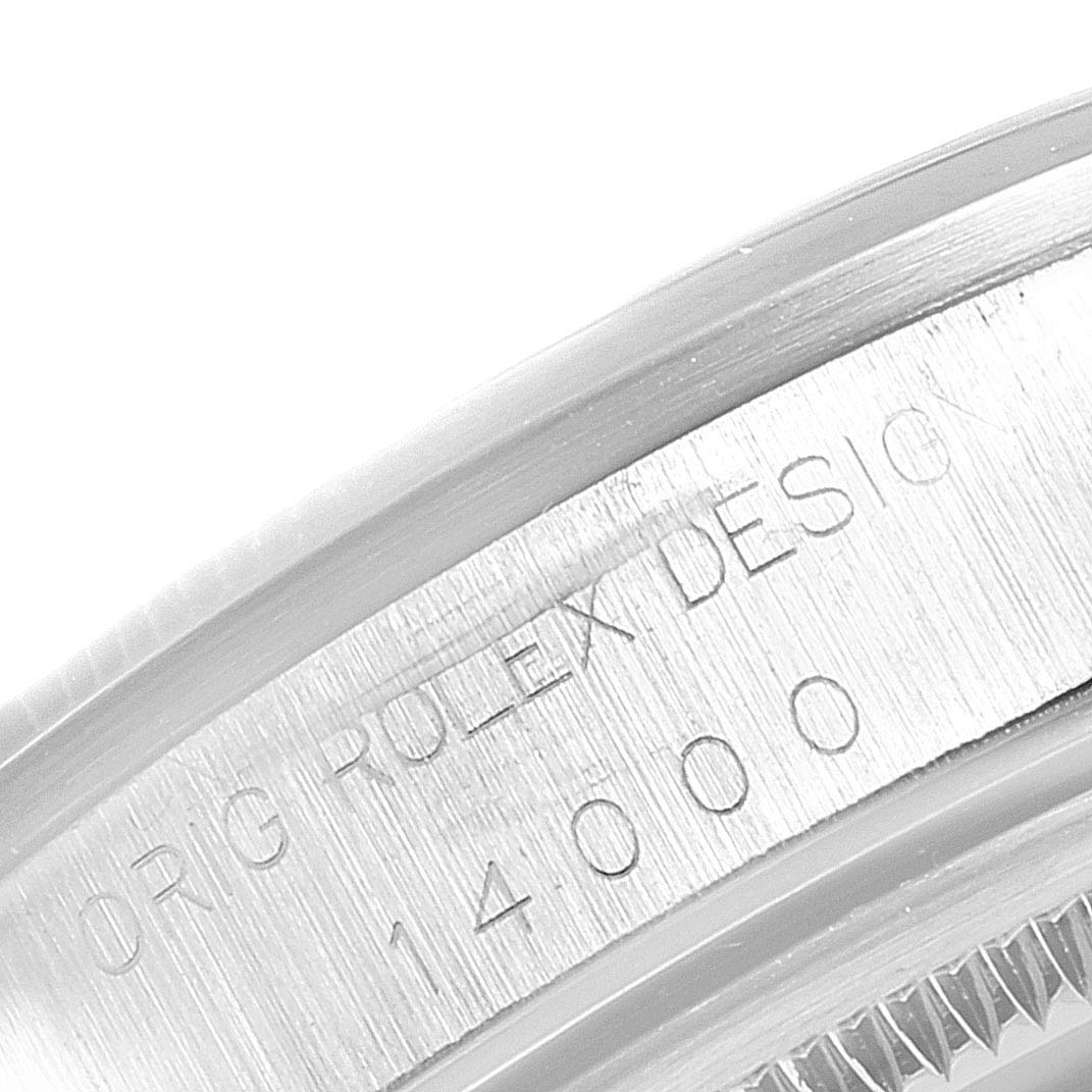 This close-up image shows the case side and model number engraving of the Rolex Air-King 14000 Men's Stainless Steel Black Dial 14000 Men's Stainless Steel Black Dial watch.