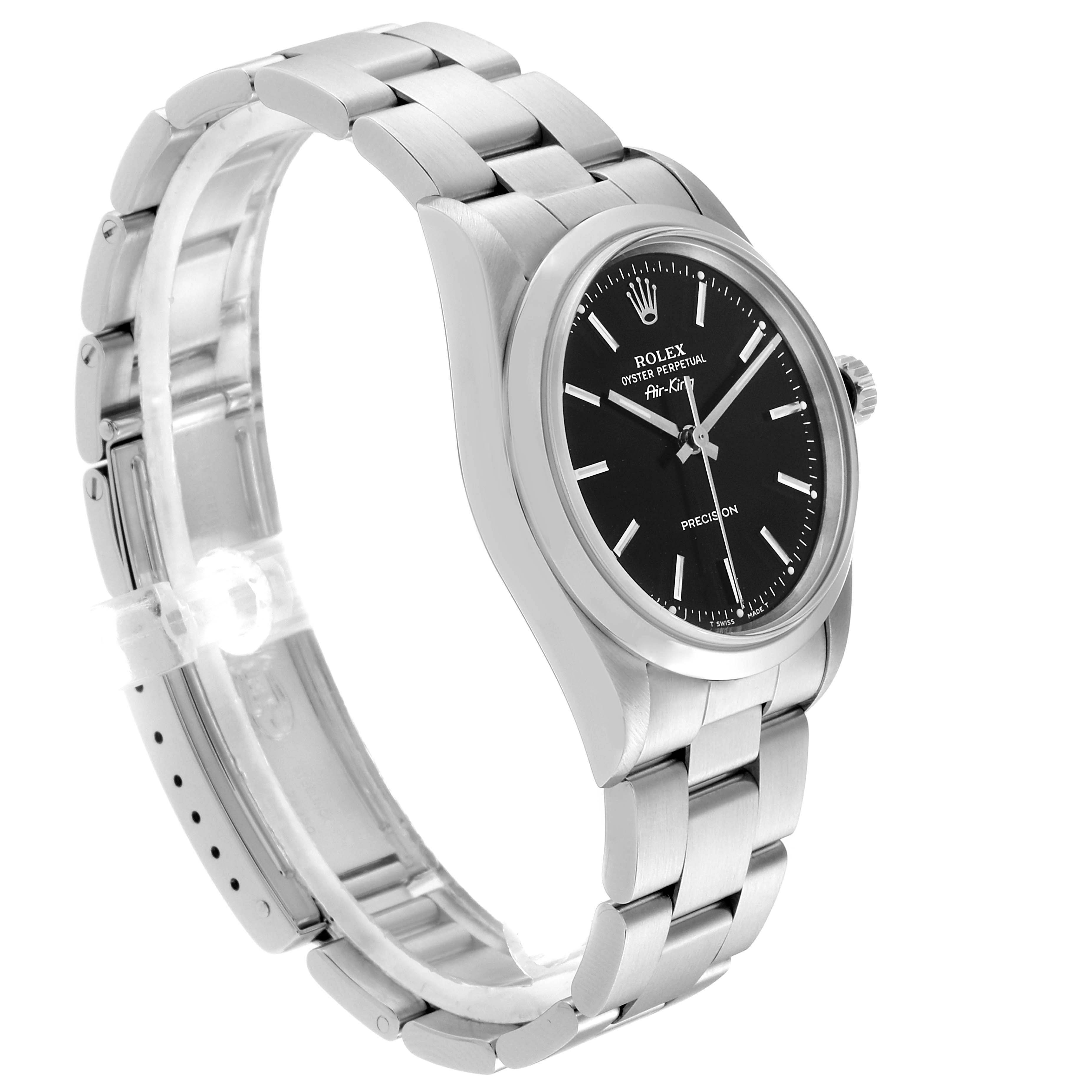 The image shows the Rolex Air-King 14000 Men's Stainless Steel Black Dial 14000 Men's Stainless Steel Black Dial watch at a slight angle, highlighting its face, bezel, and bracelet.