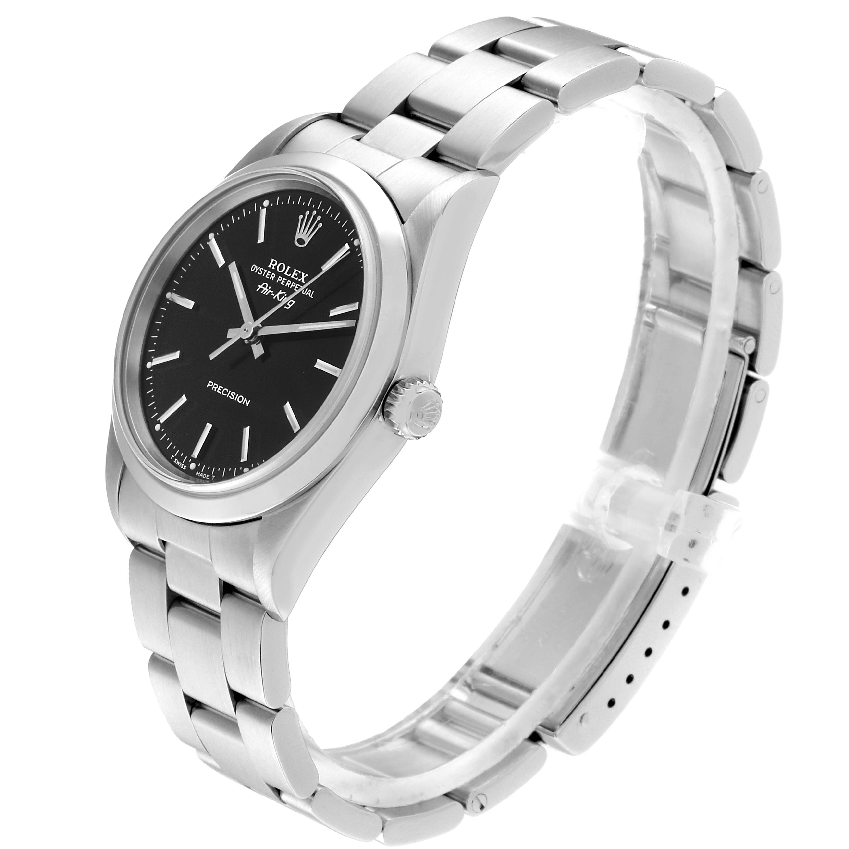 The image shows a side angle of a Rolex Air-King 14000 Men's Stainless Steel Black Dial 14000 Men's Stainless Steel Black Dial watch, highlighting the black dial and stainless steel bracelet.