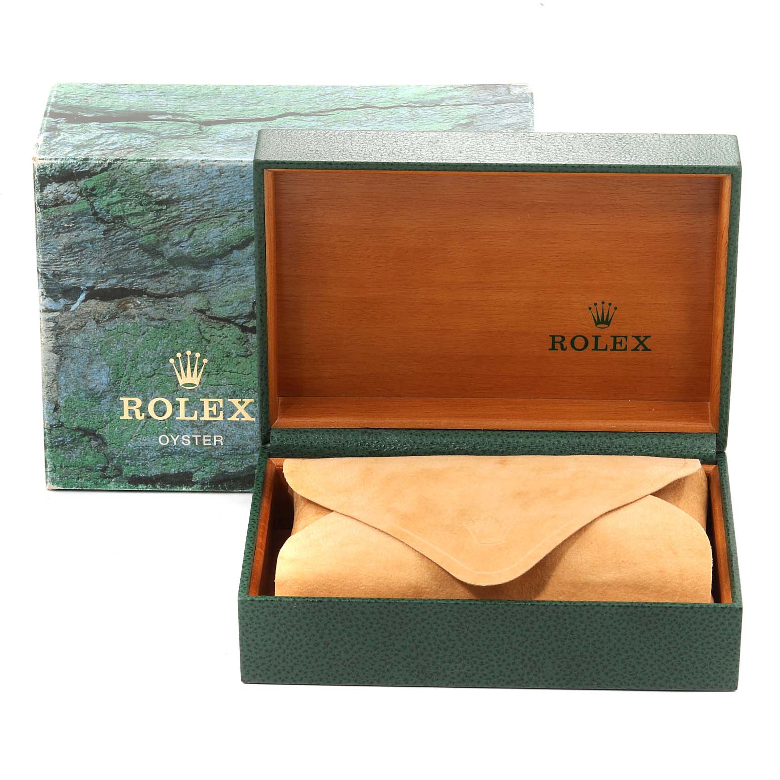 The image shows a Rolex box for the Air-King model, including an outer box, inner wooden box, and a leather pouch.