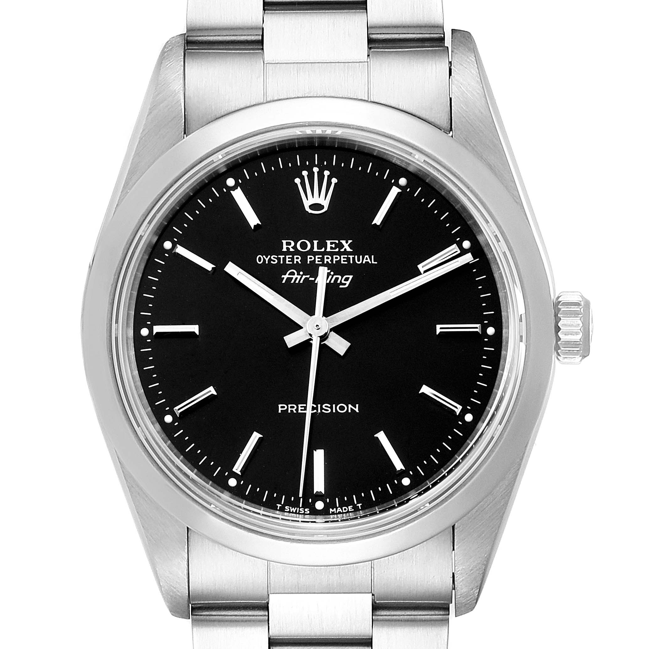 The image shows a front view of the Rolex Air-King 14000 Men's Stainless Steel Black Dial 14000 Men's Stainless Steel Black Dial, highlighting the watch face, bezel, crown, and a portion of the bracelet.