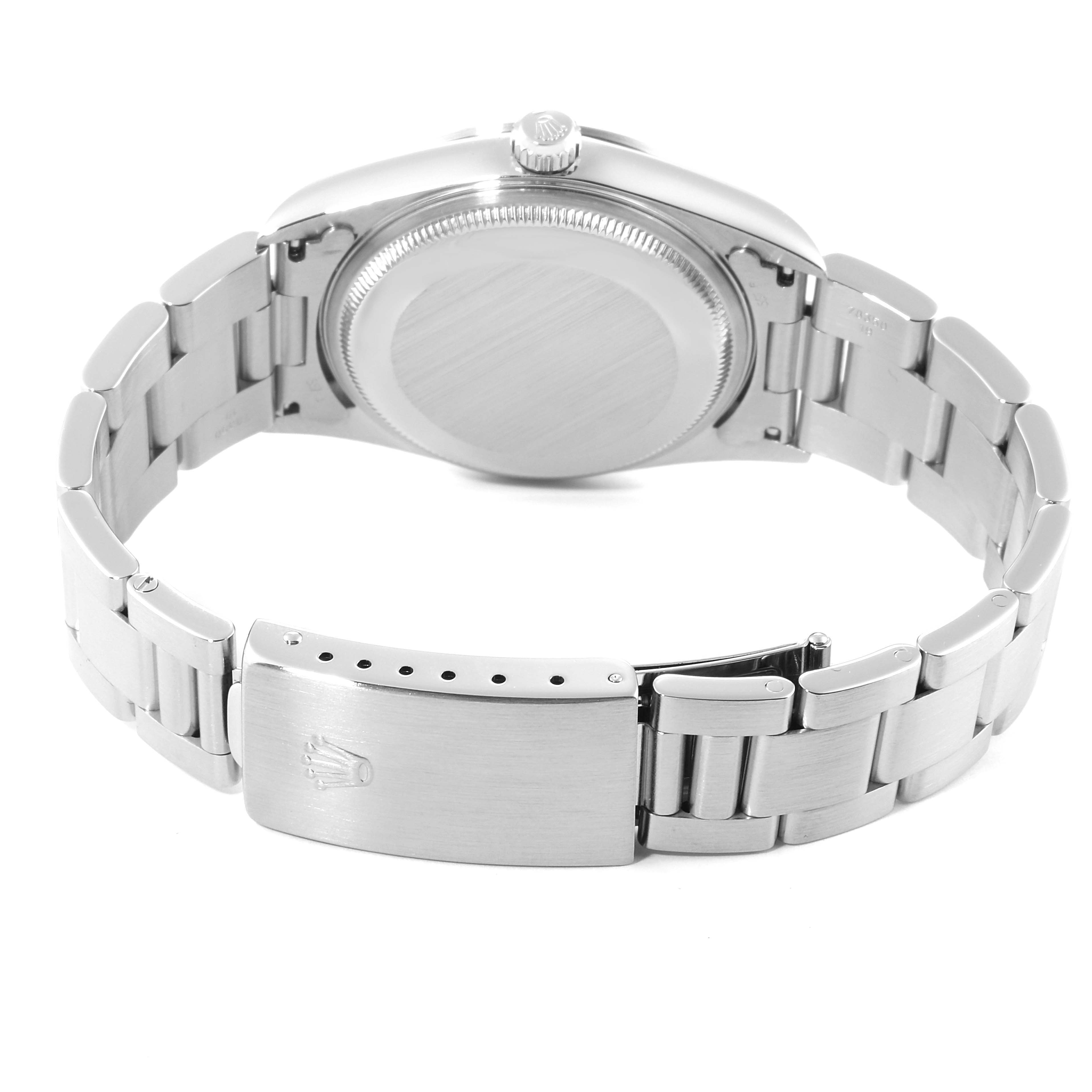 This image shows the back case, bracelet, and clasp of the Rolex Air-King 14000 Men's Stainless Steel Black Dial 14000 Men's Stainless Steel Black Dial watch from a rear angle.