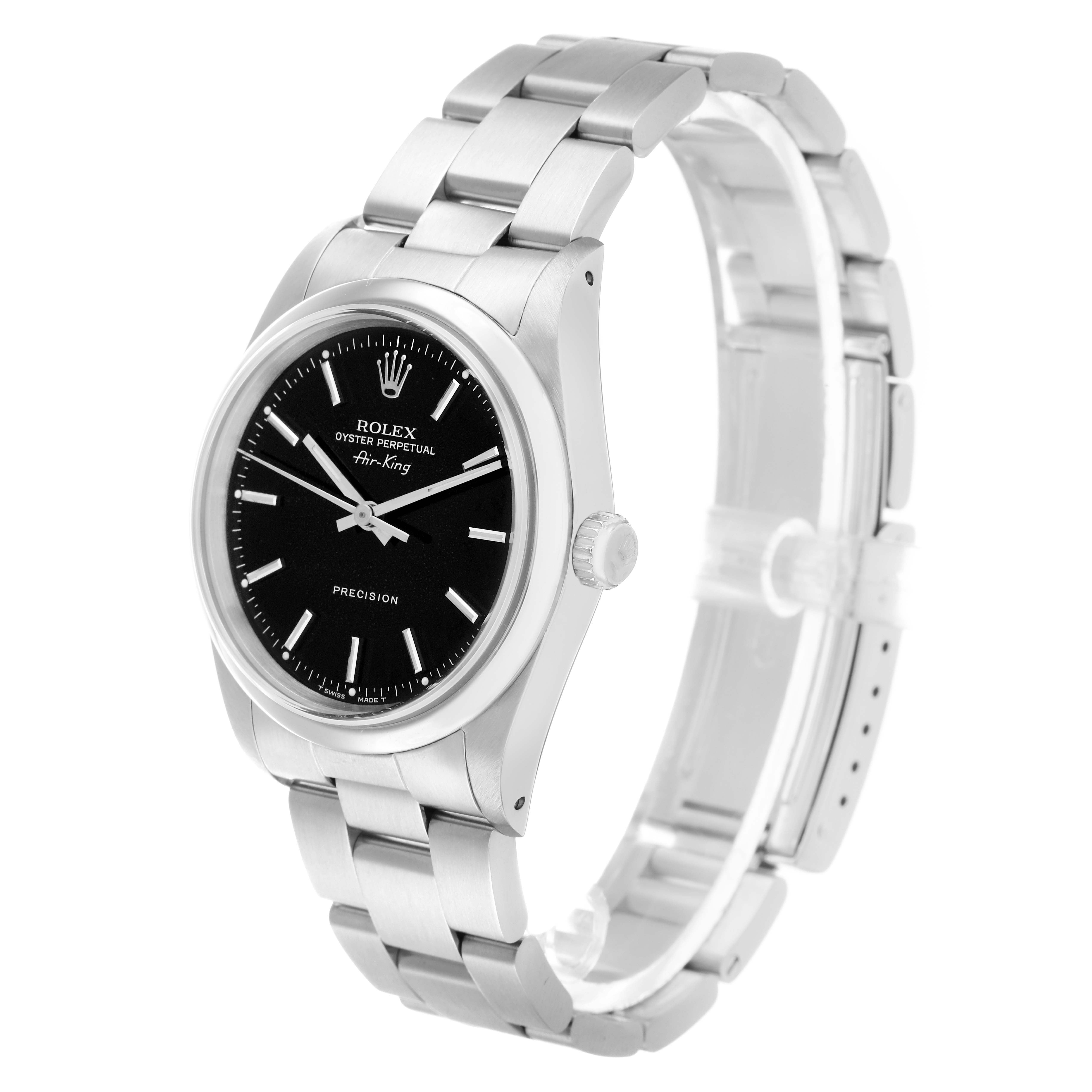 The Rolex Air-King 14000 Men's Stainless Steel Black Dial watch is shown at a three-quarter angle, highlighting the dial, crown, and bracelet.