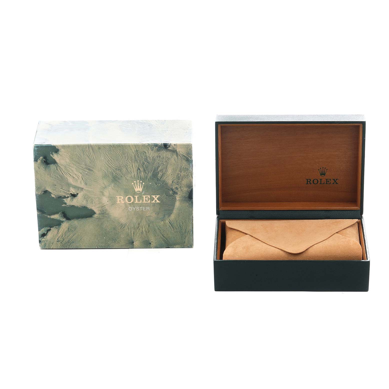 The image shows the packaging and box of the Rolex Air-King 14000 Men's Stainless Steel Black Dial watch with a wooden interior and an outer box.