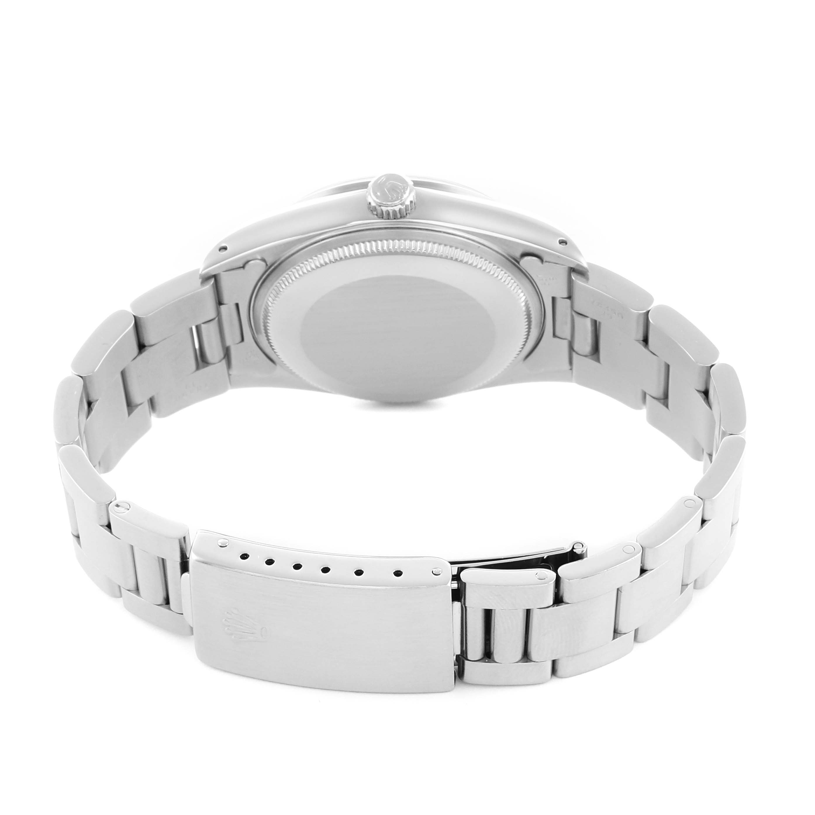 The Rolex Air-King 14000 Men's Stainless Steel Black Dial watch is shown from the back, highlighting the bracelet, clasp, case back, and crown.