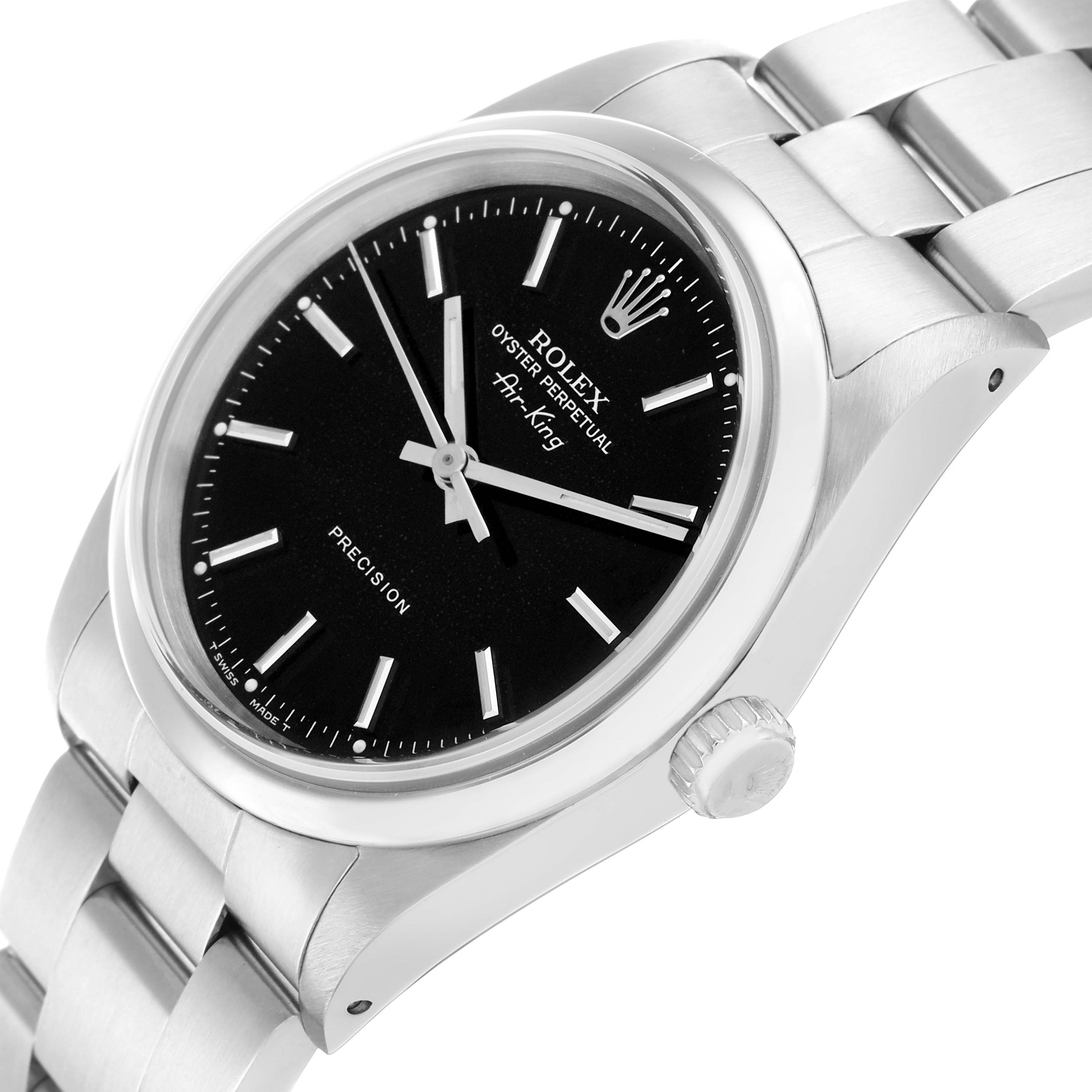 The Rolex Air-King 14000 Men's Stainless Steel Black Dial watch is shown at a slight angle, highlighting the face, bezel, crown, and bracelet.