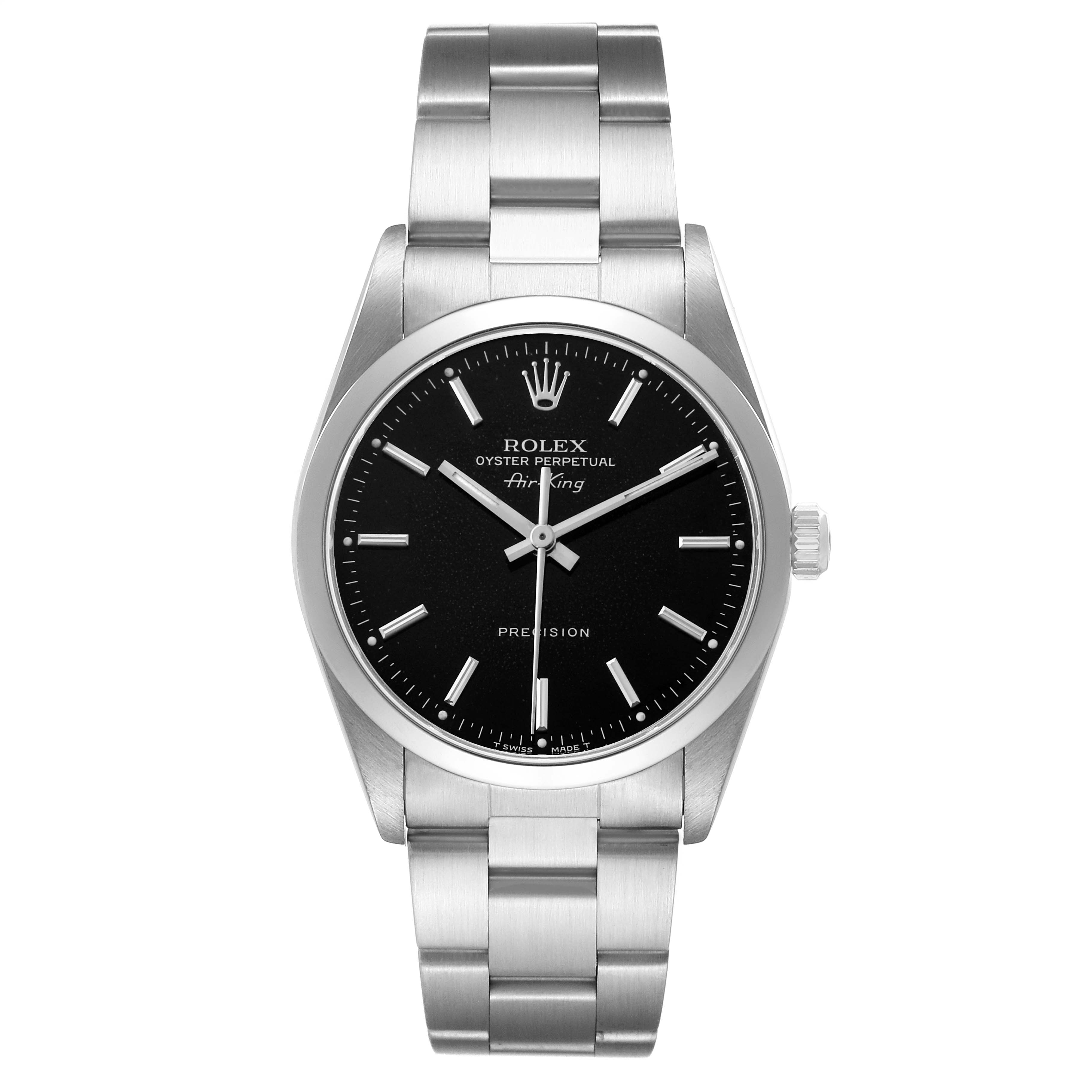 The Rolex Air-King 14000 Men's Stainless Steel Black Dial watch is shown from the front, displaying the black dial, silver hands, markers, and stainless steel bracelet.