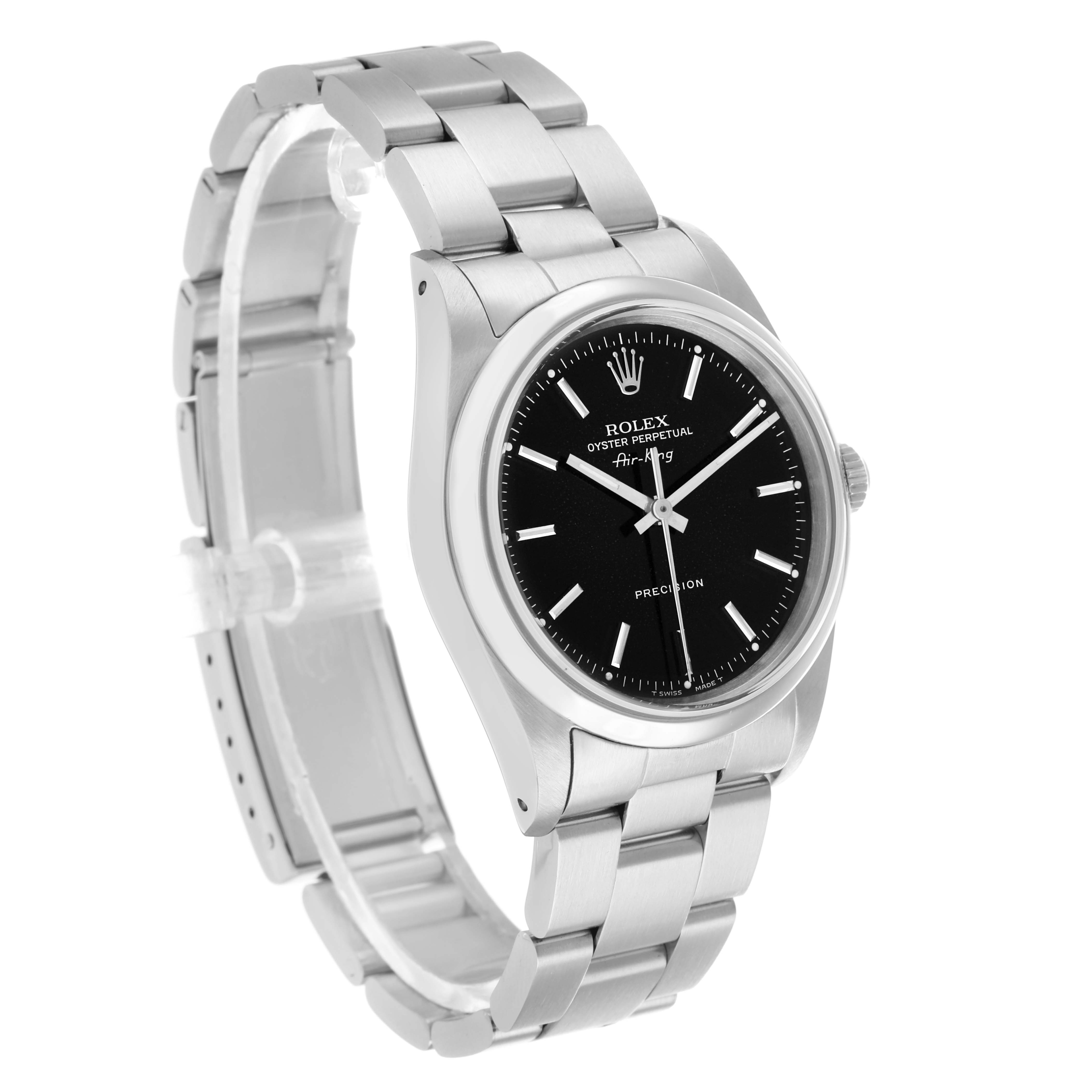 The Rolex Air-King 14000 Men's Stainless Steel Black Dial watch is shown at a three-quarter angle, displaying the bracelet, bezel, and black dial.