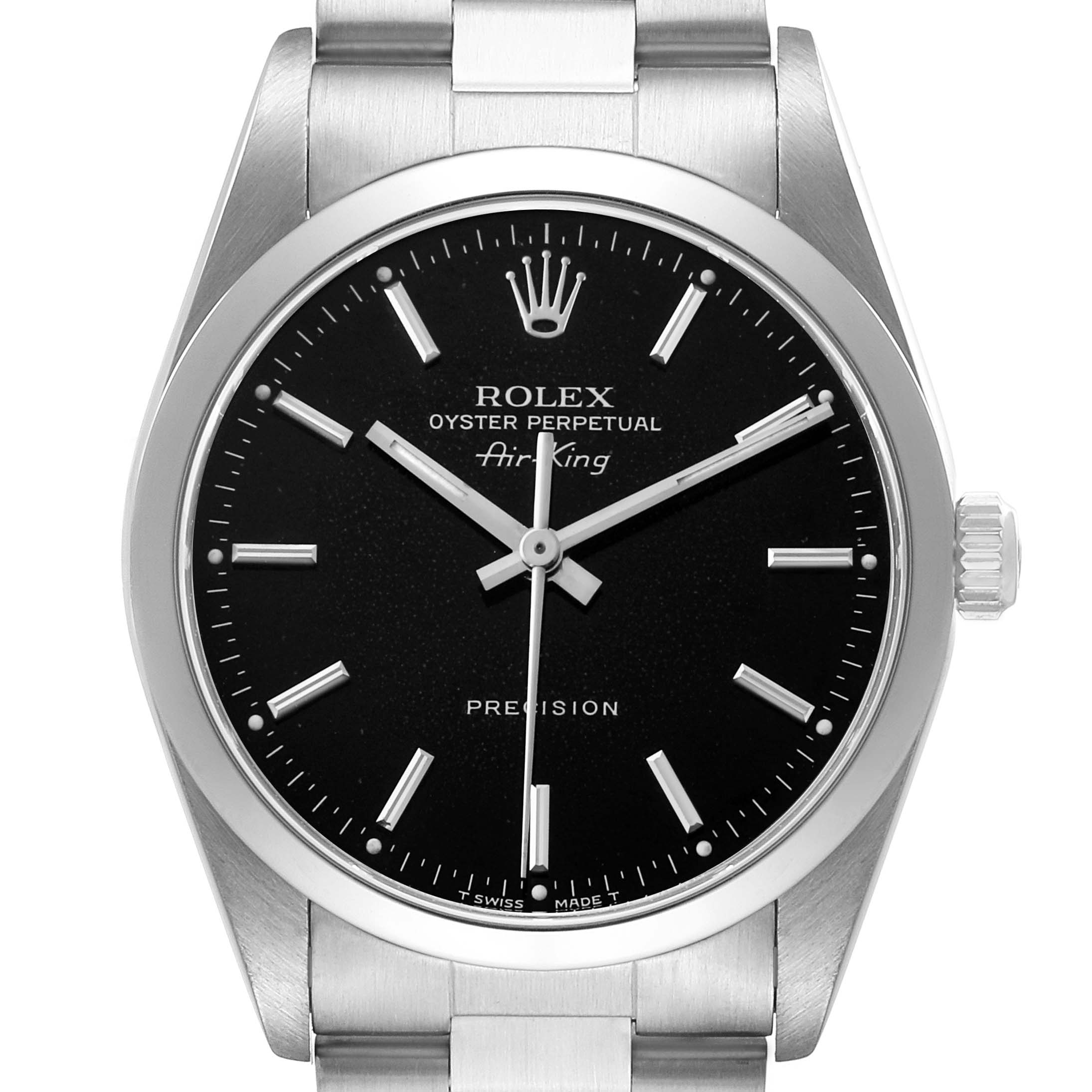 The Rolex Air-King 14000 Men's Stainless Steel Black Dial watch is shown from a front angle, displaying its black dial, hour markers, and crown.