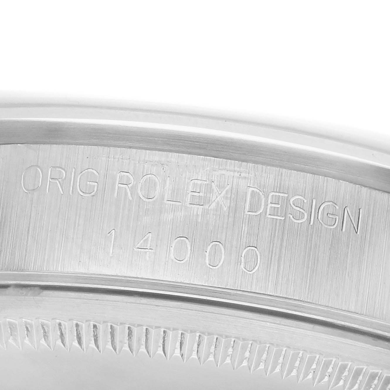 The image shows a close-up of the inner case of a Rolex Air-King 14000 Men's Stainless Steel Black Dial watch, highlighting the engraving.