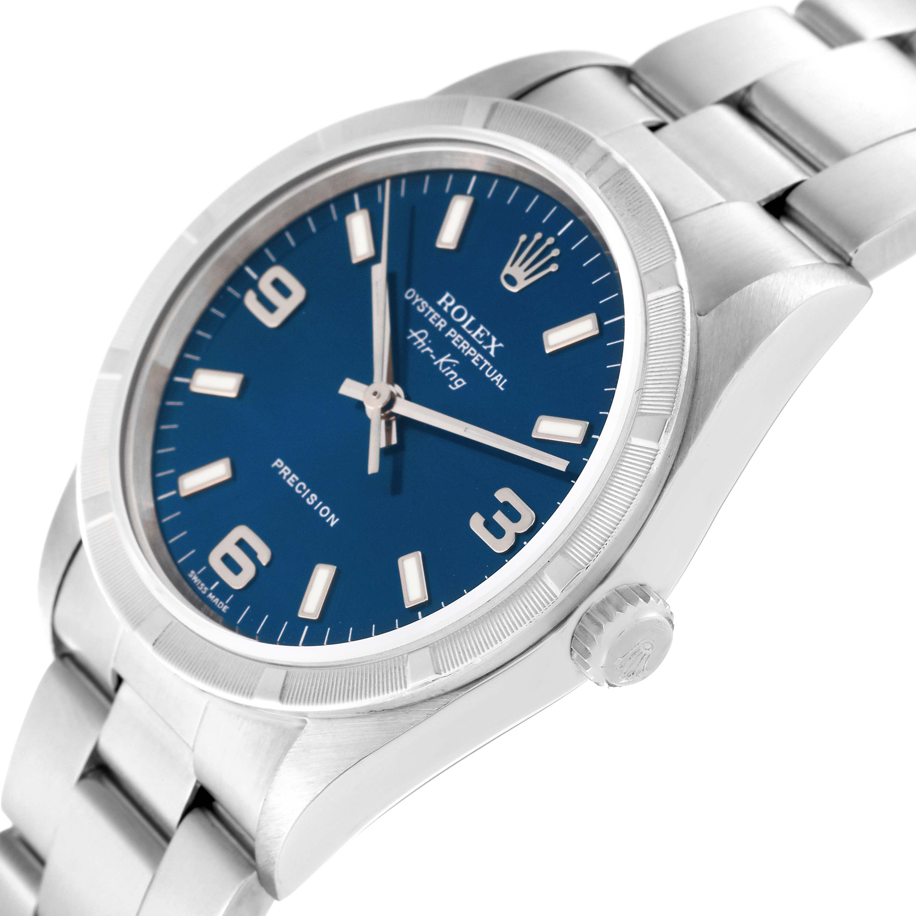 This image shows a Rolex Air-King 14010M Men's Stainless Steel Blue Dial 14010M Men's Stainless Steel Blue Dial watch at a three-quarter angle, highlighting its blue dial, markers, and stainless steel bracelet.