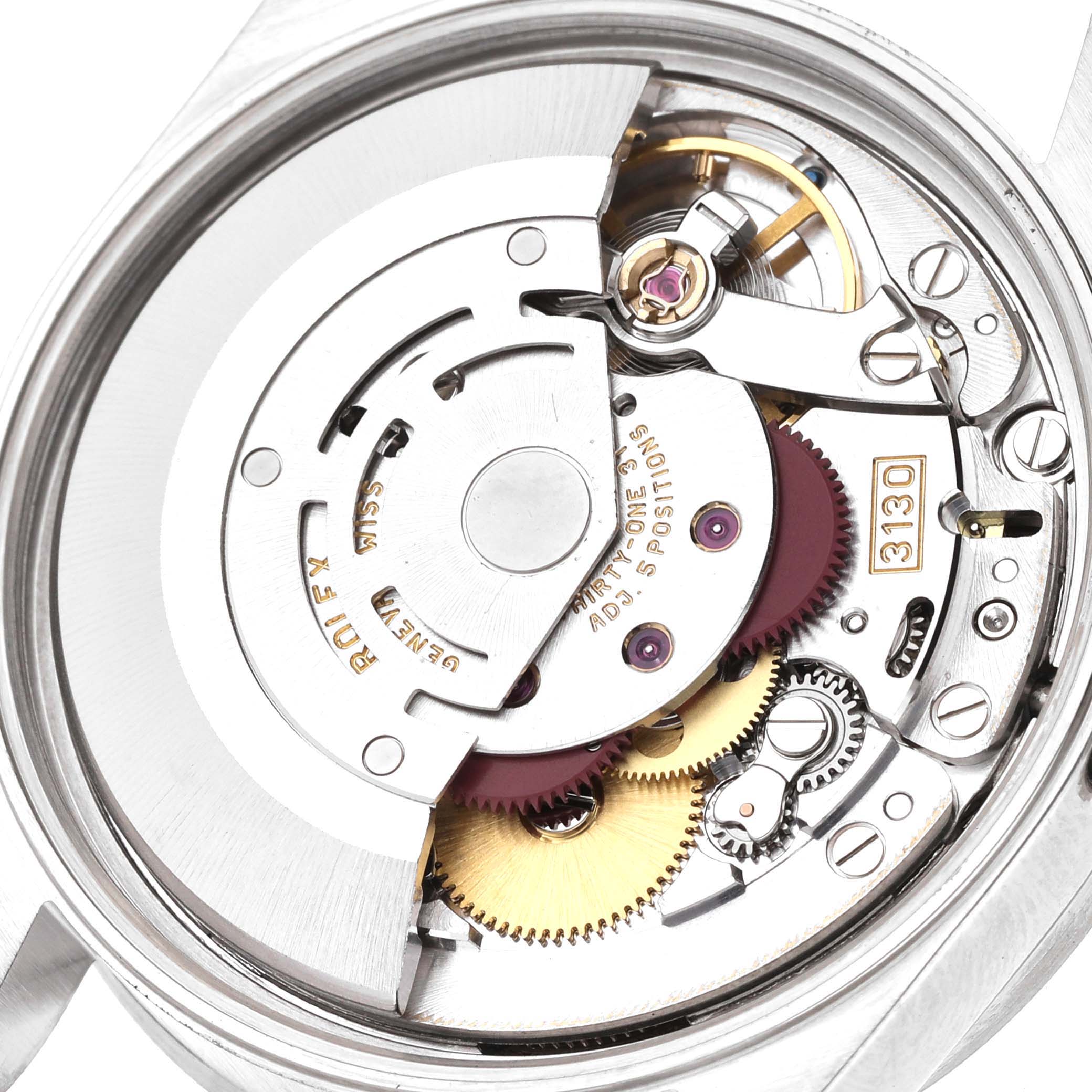 This image shows a close-up of the movement mechanism inside a Rolex Air-King 14010M Men's Stainless Steel Blue Dial 14010M Men's Stainless Steel Blue Dial watch.