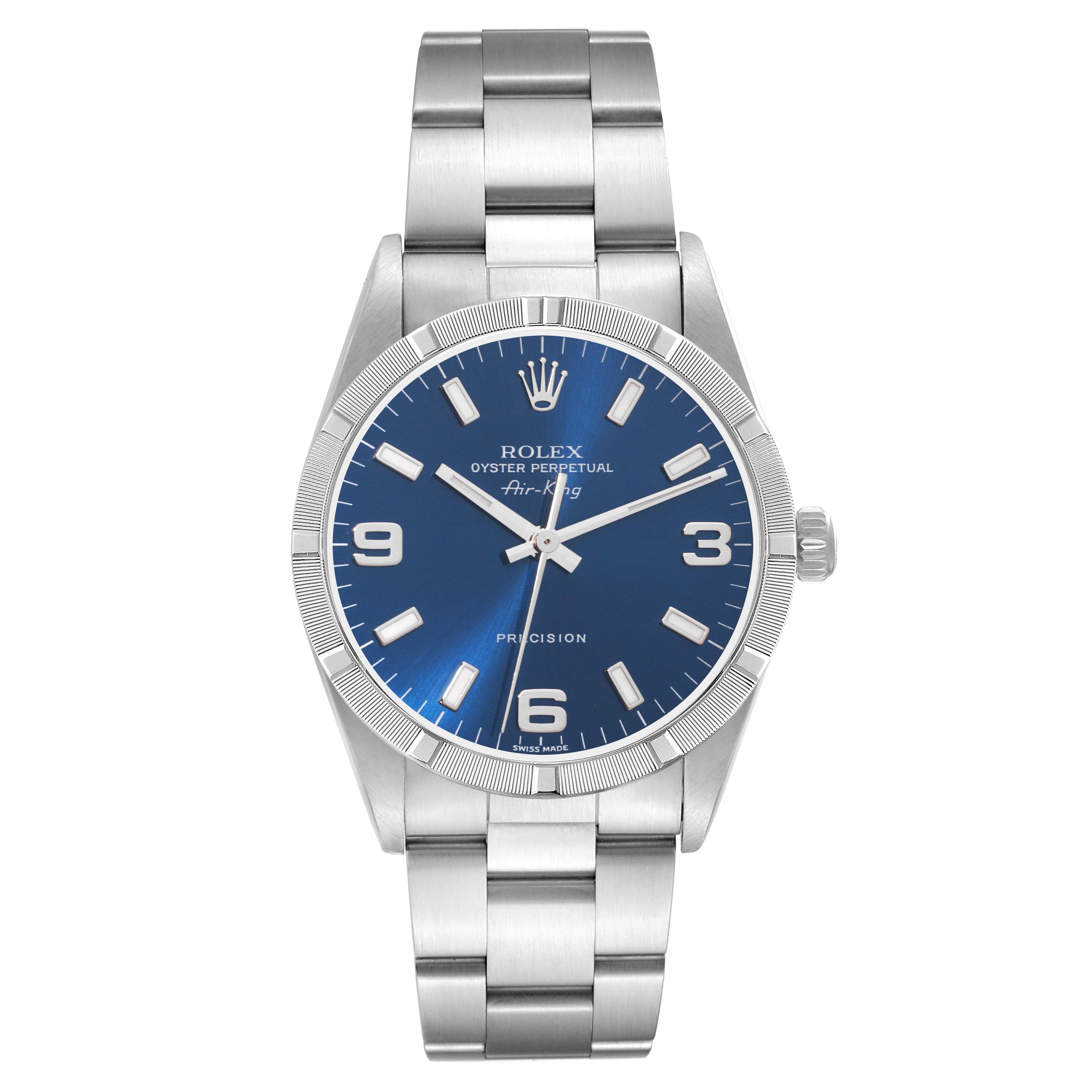 This image shows a front view of the Rolex Air-King 14010M Men's Stainless Steel Blue Dial 14010M Men's Stainless Steel Blue Dial watch, displaying its face, bezel, and bracelet.