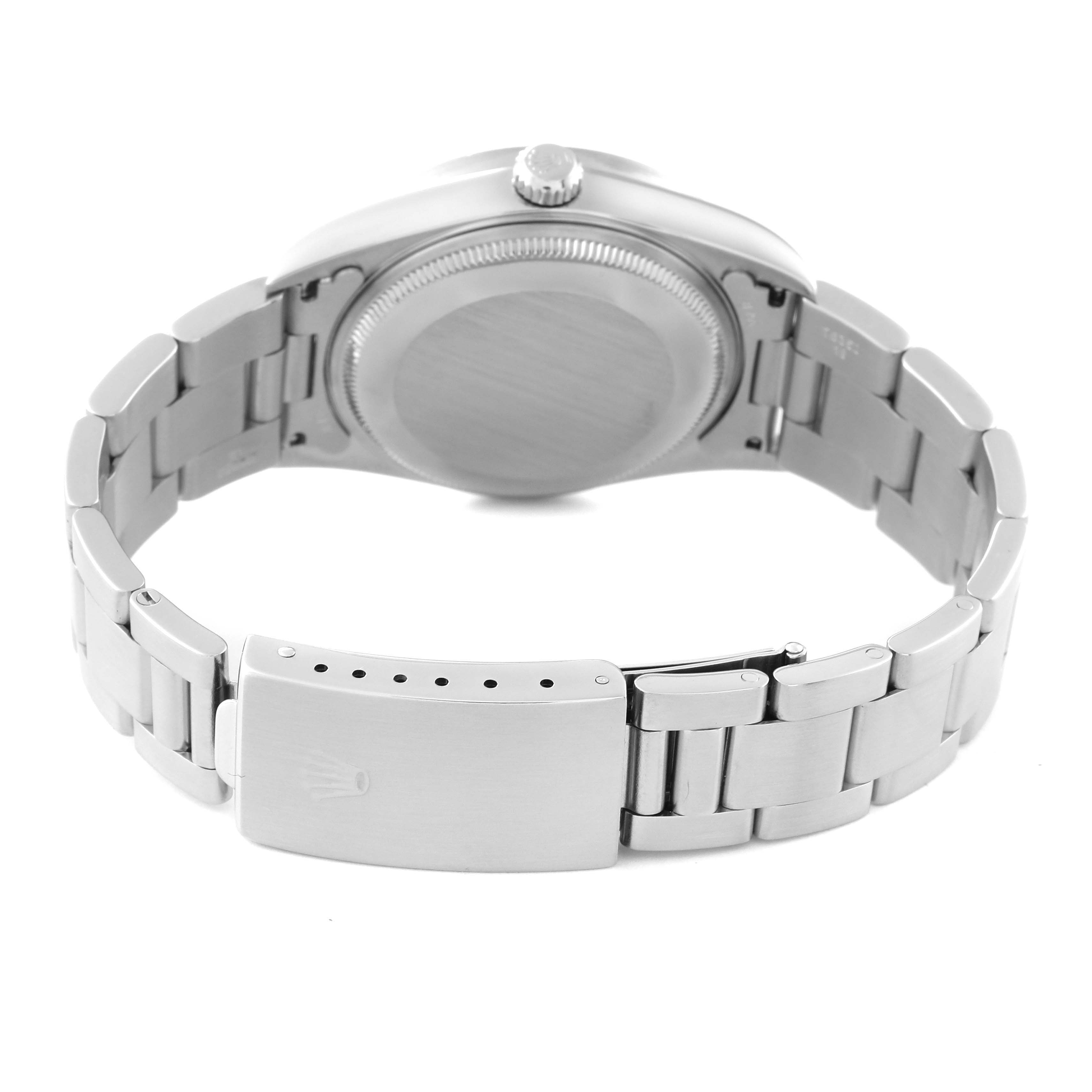 This image shows the back case, bracelet, and clasp of the Rolex Air-King 14010M Men's Stainless Steel Blue Dial 14010M Men's Stainless Steel Blue Dial watch from a rear angle.