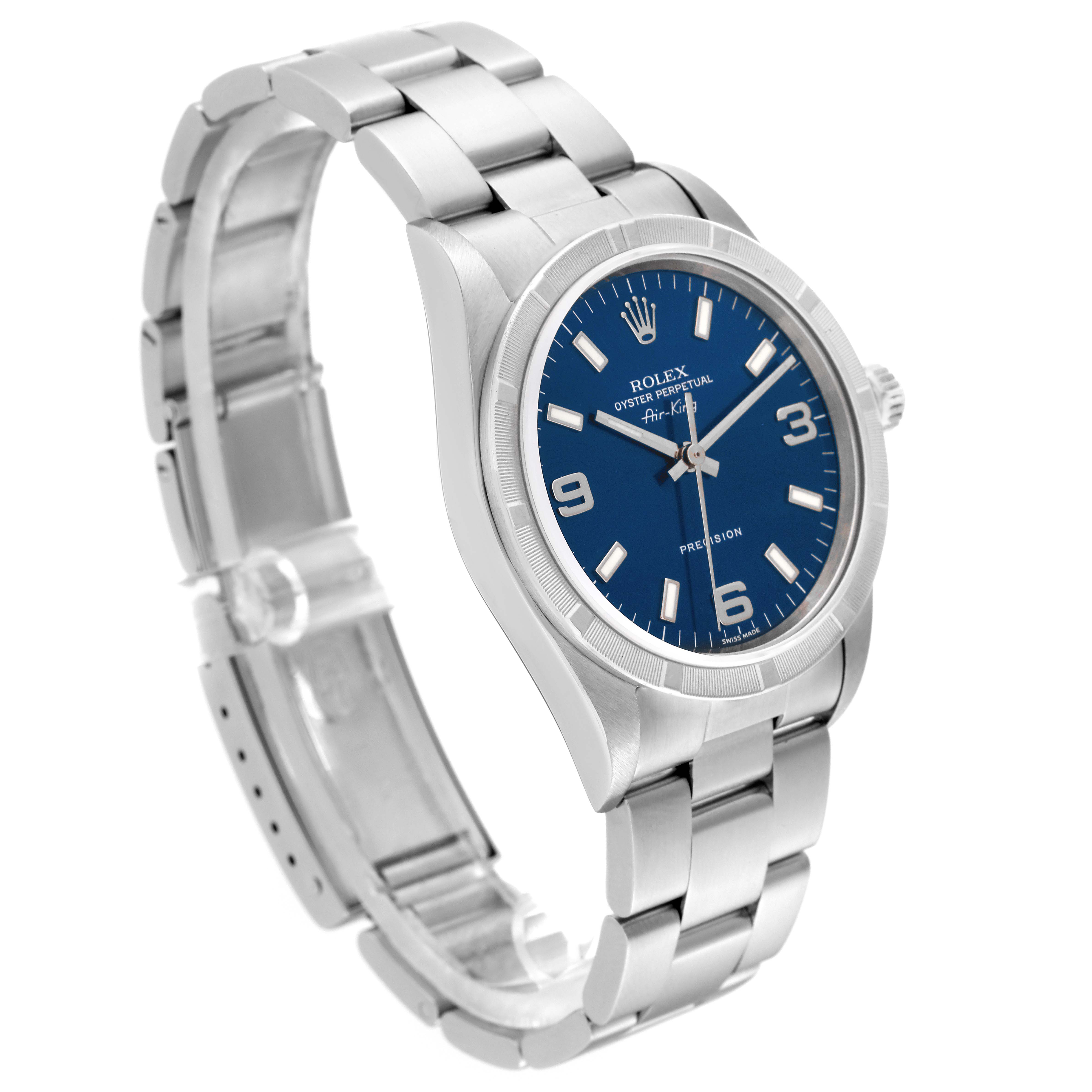 The image shows a side angle of a Rolex Air-King 14010M Men's Stainless Steel Blue Dial 14010M Men's Stainless Steel Blue Dial watch, displaying its stainless steel bracelet, blue dial, and bezel.
