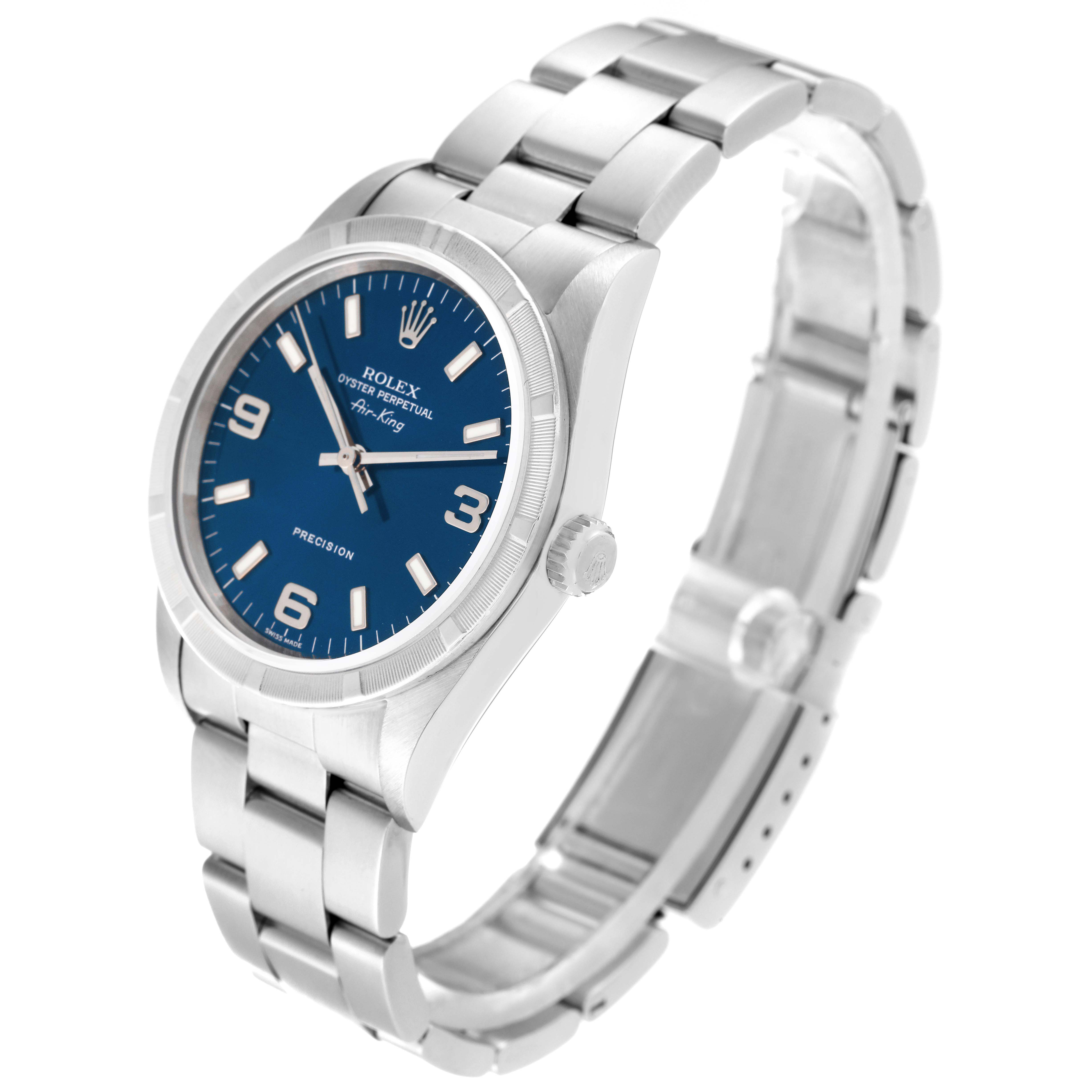 The Rolex Air-King 14010M Men's Stainless Steel Blue Dial 14010M Men's Stainless Steel Blue Dial watch is shown at an angled side view, displaying the face, bezel, crown, and bracelet.