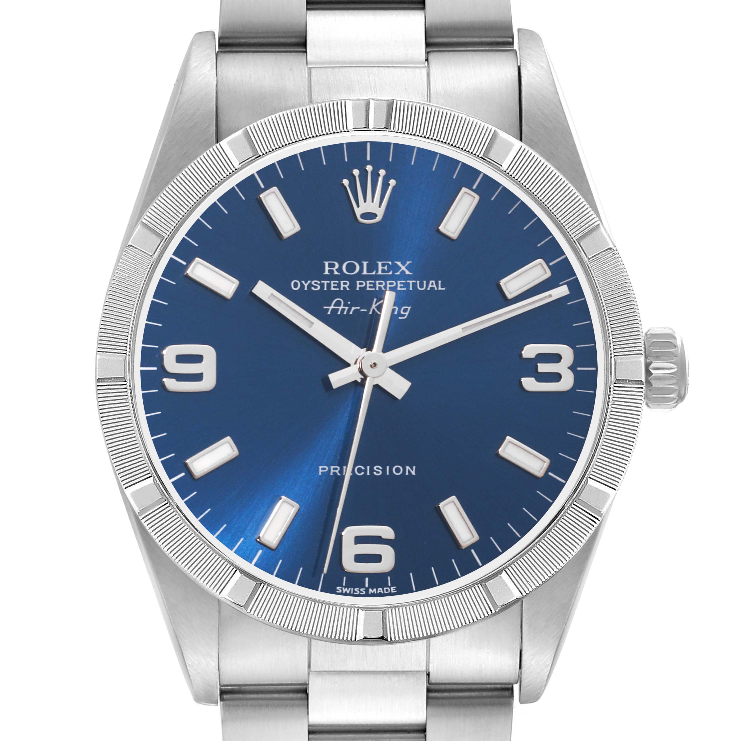 The image shows a front view of the Rolex Air-King 14010M Men's Stainless Steel Blue Dial 14010M Men's Stainless Steel Blue Dial watch, highlighting its blue dial, stainless steel case, and bracelet.