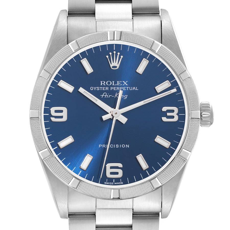 Rolex Air King Blue Dial Engine Turned Bezel Steel Mens Watch 14010 SwissWatchExpo