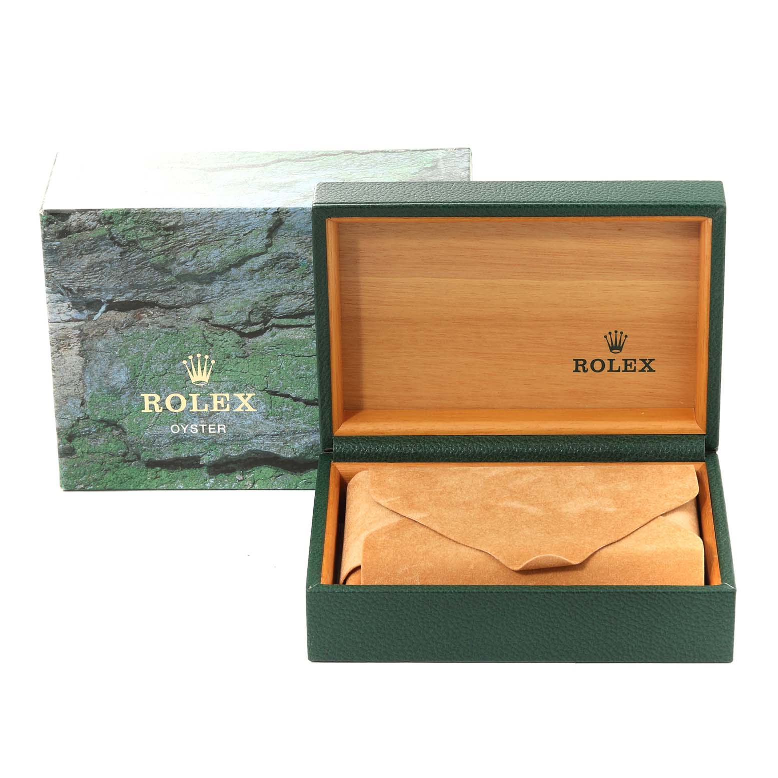The image shows the open box and outer box of a Rolex Air-King 14010M Men's Stainless Steel Blue Dial 14010M Men's Stainless Steel Blue Dial watch, with the inner box having a green exterior and a wooden interior.