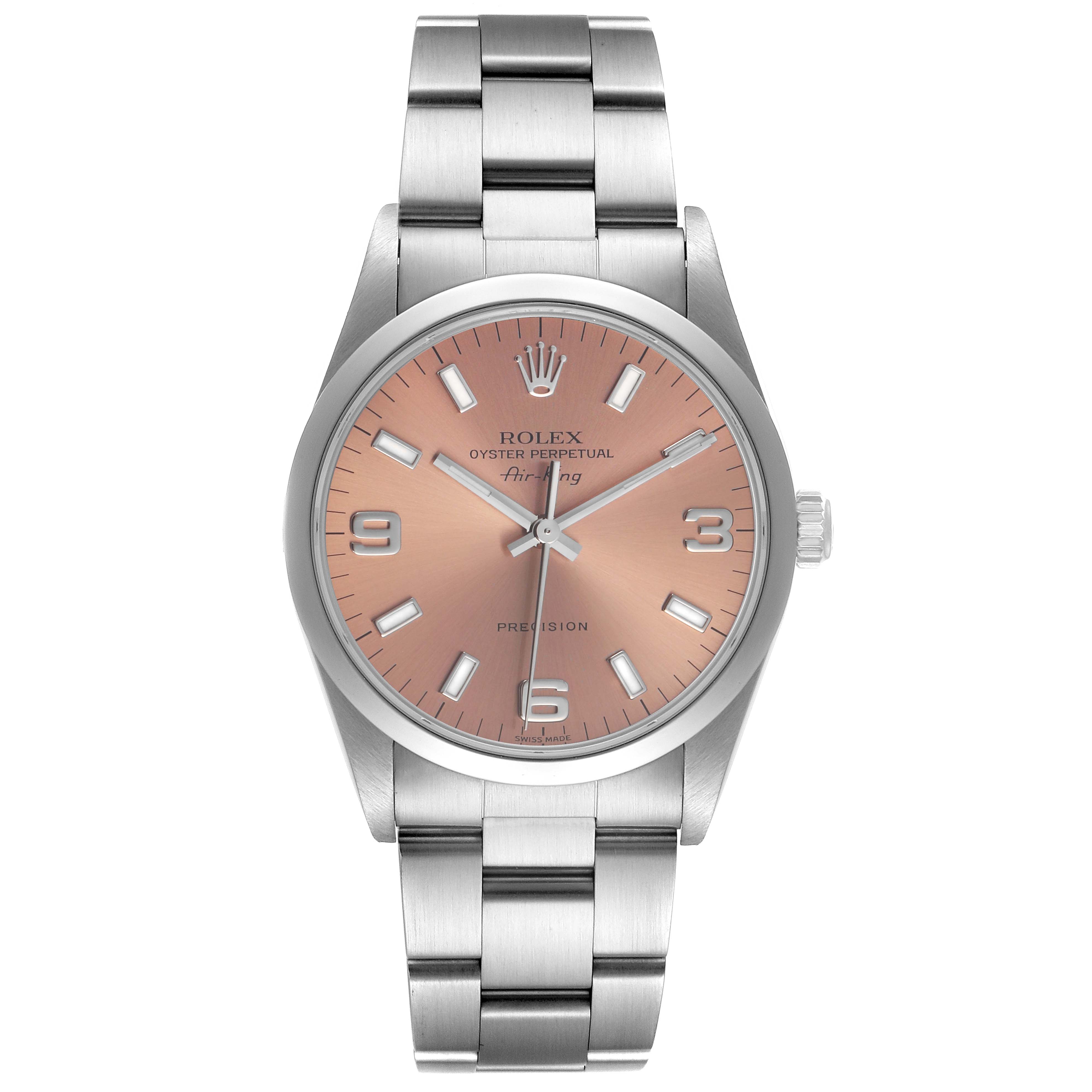 The Rolex Air-King 14000 Mens Stainless Steel Pink Dial watch is shown from a front view, displaying its face, bezel, and part of the bracelet.