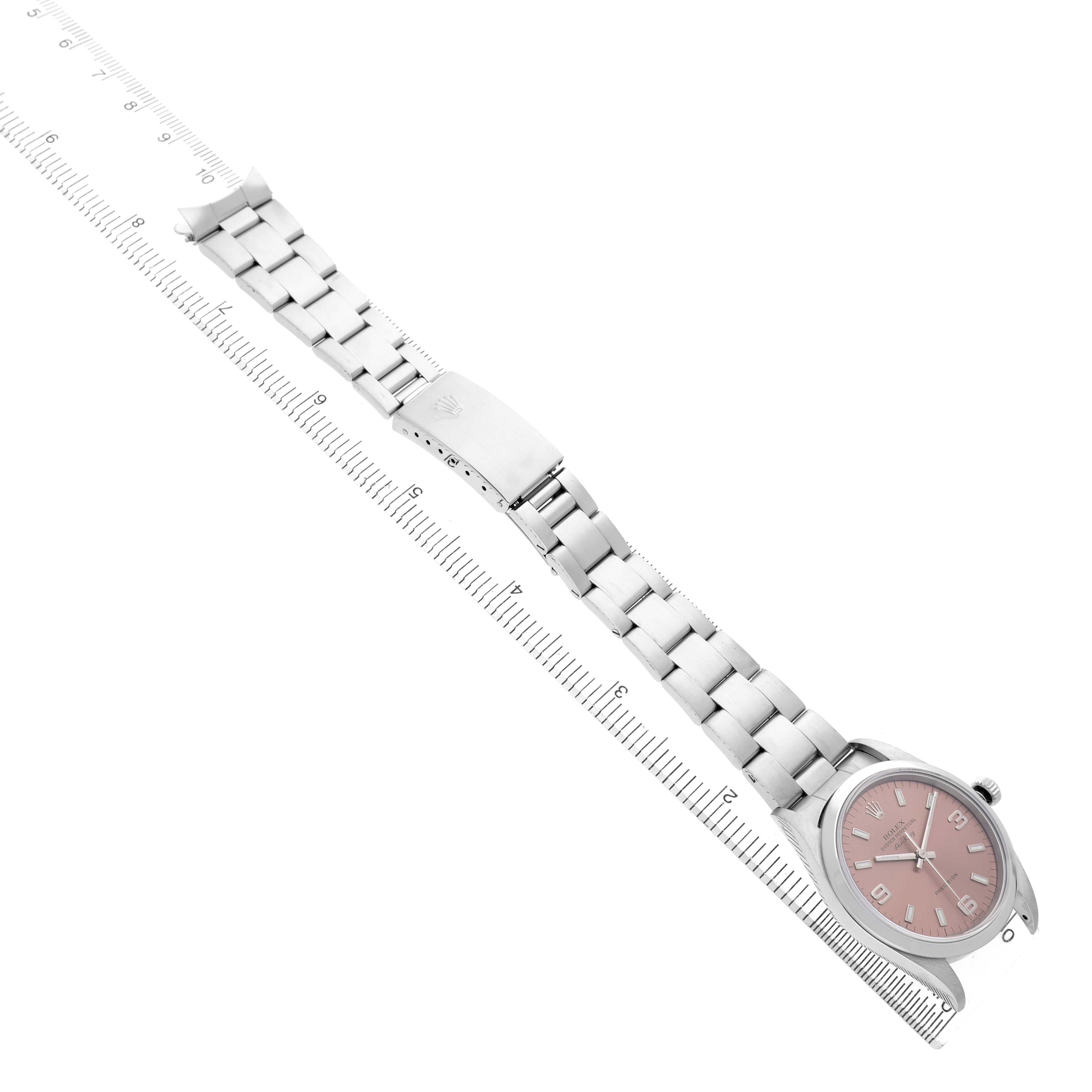 The Rolex Air-King 14000 Mens Stainless Steel Pink Dial watch is shown from a top angle with the full bracelet and clasp visible.