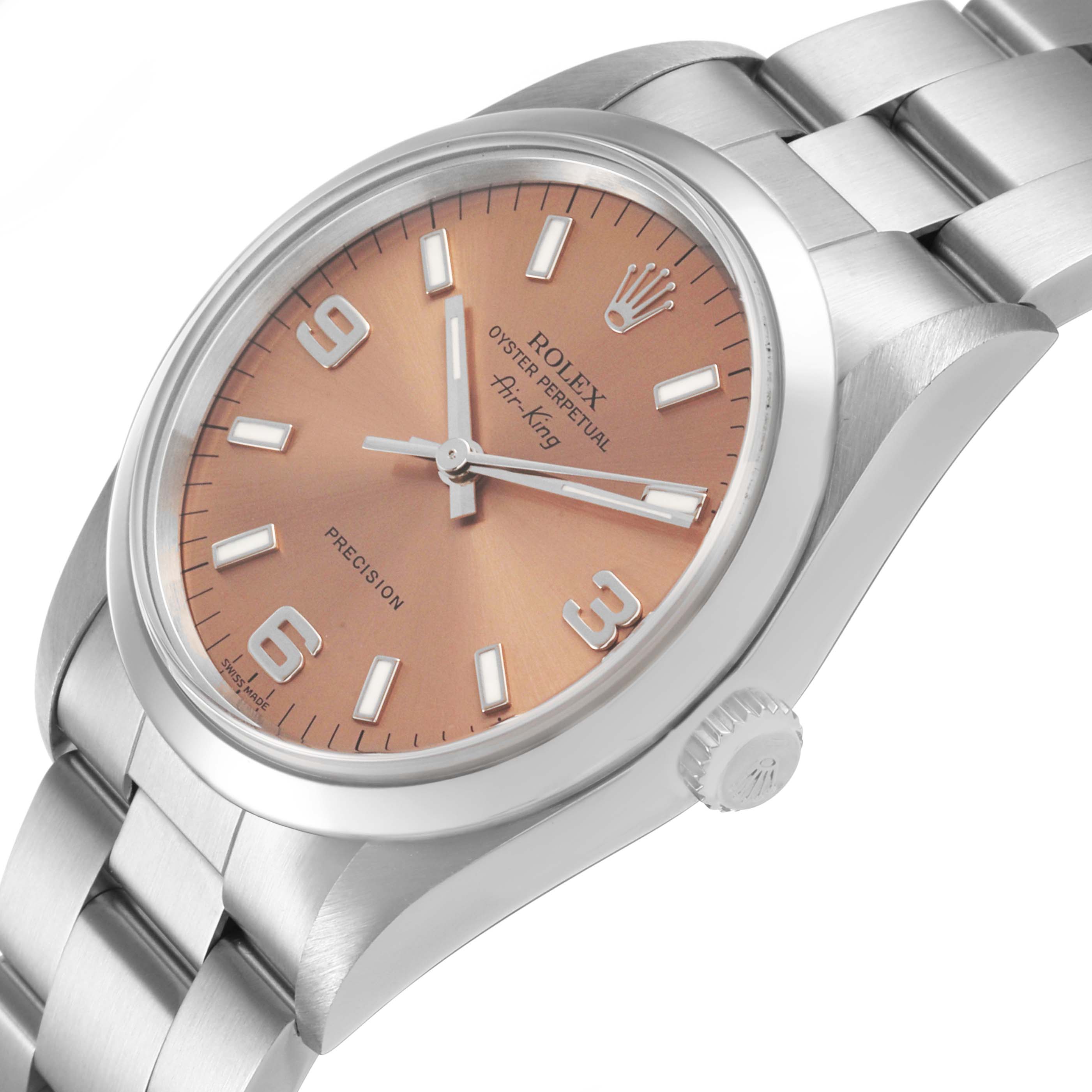 The Rolex Air-King 14000 Mens Stainless Steel Pink Dial watch is shown at an angled view highlighting the dial, bezel, crown, and part of the bracelet.