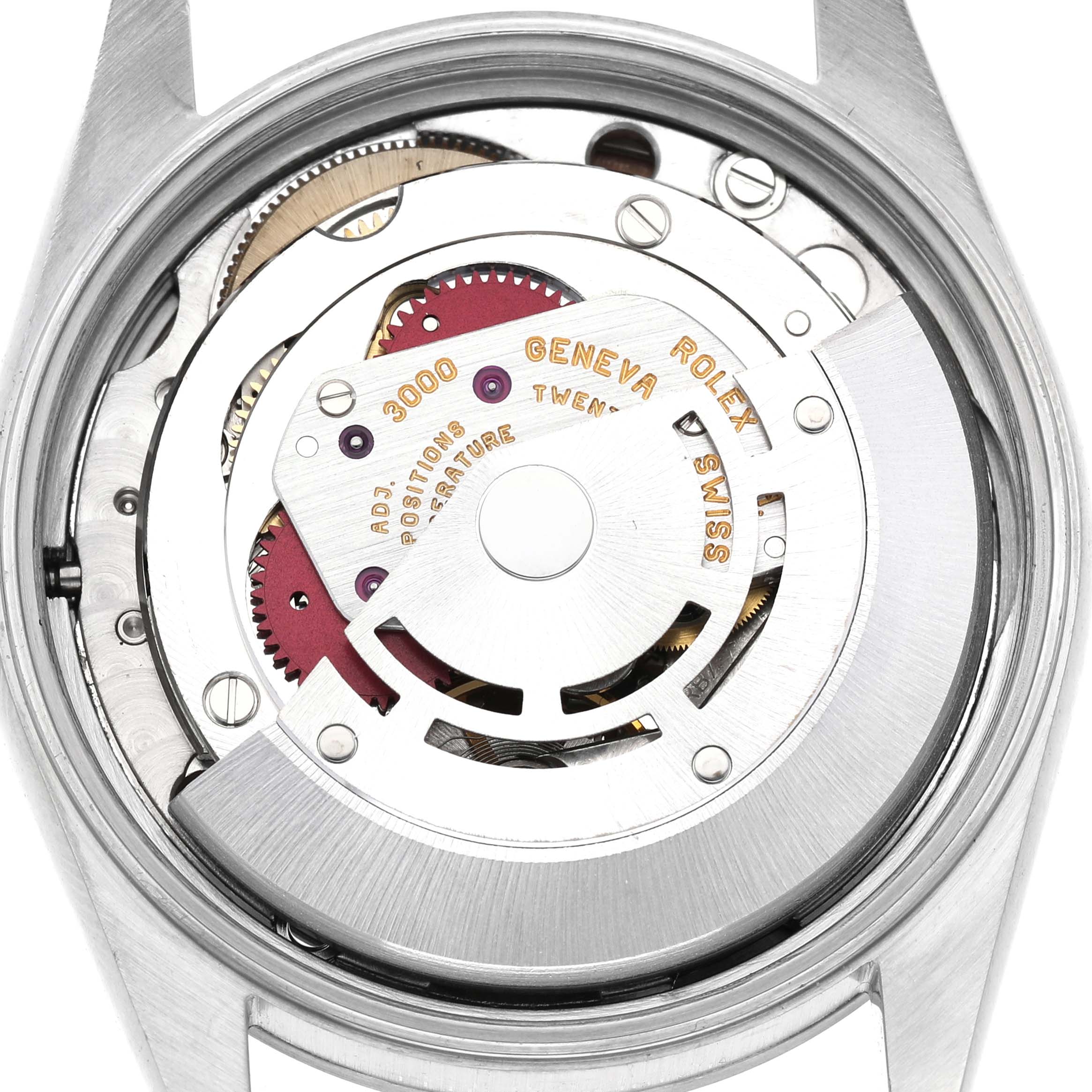 The image shows the back view of a Rolex Air-King 14000 Mens Stainless Steel Pink Dial watch, highlighting its movement and internal mechanics.