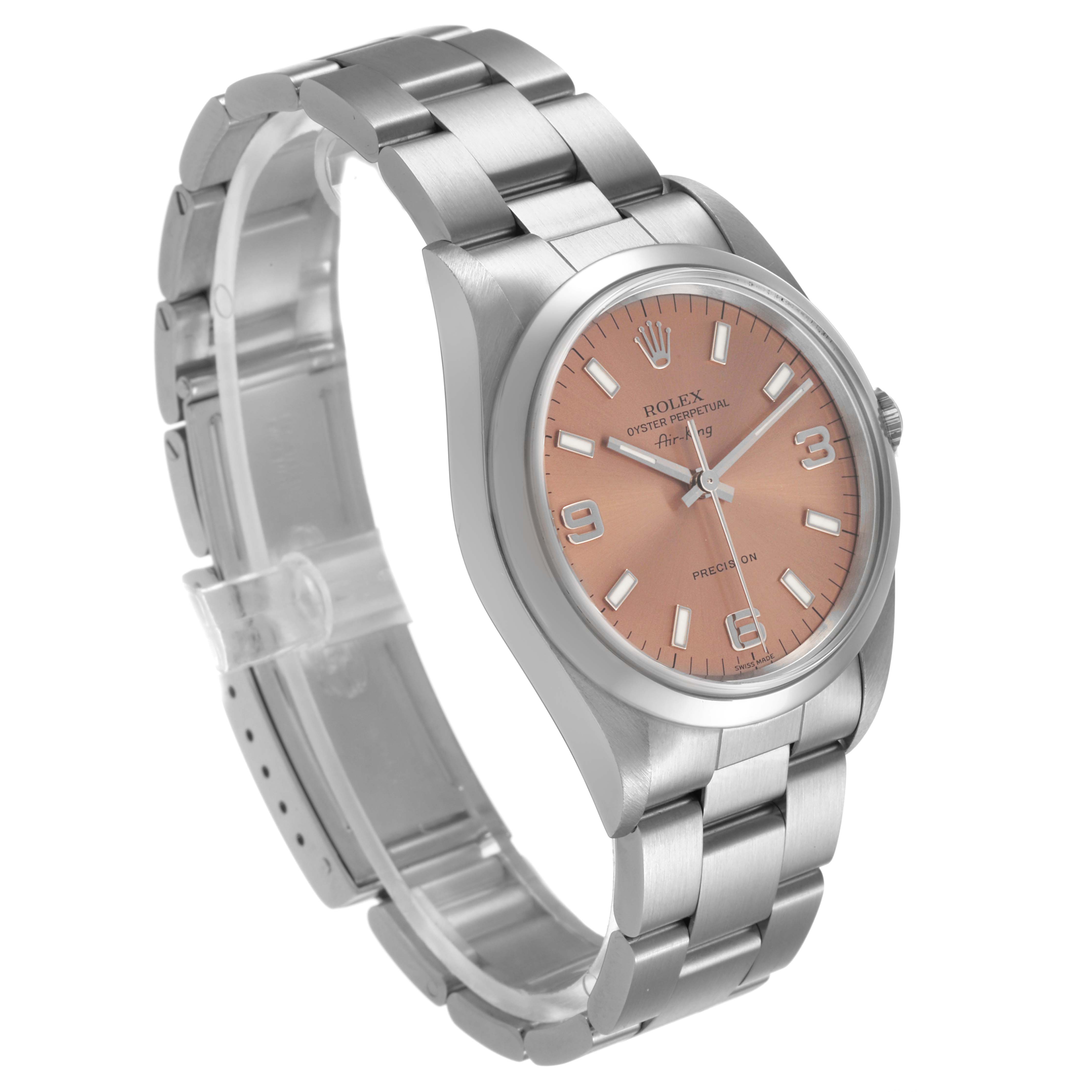 The Rolex Air-King 14000 Mens Stainless Steel Pink Dial watch is shown at a slight angle, highlighting its bracelet, case, and salmon-colored dial.