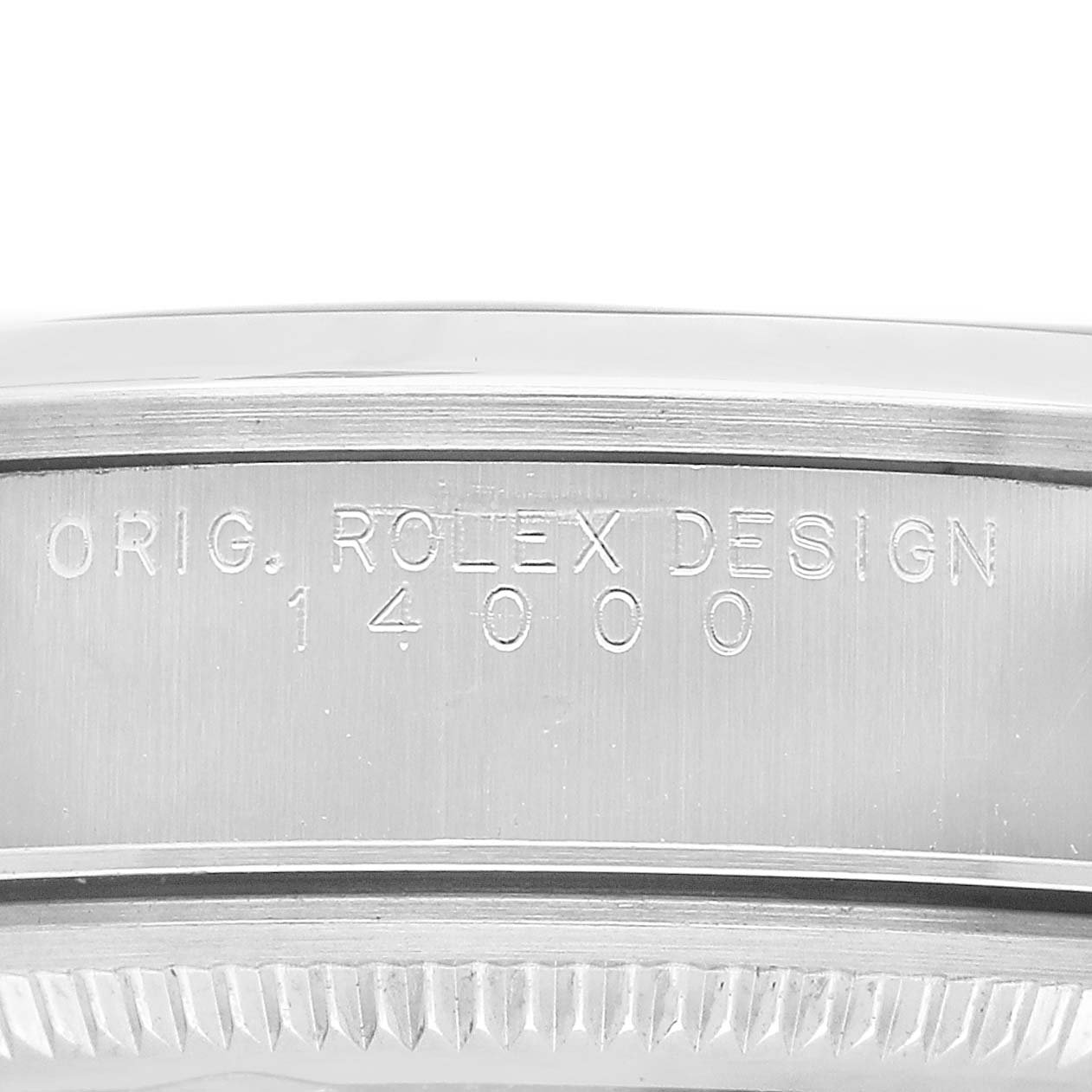 This close-up image shows the edge of a Rolex Air-King 14000 Mens Stainless Steel Pink Dial watch, highlighting the engraved model number "14000."