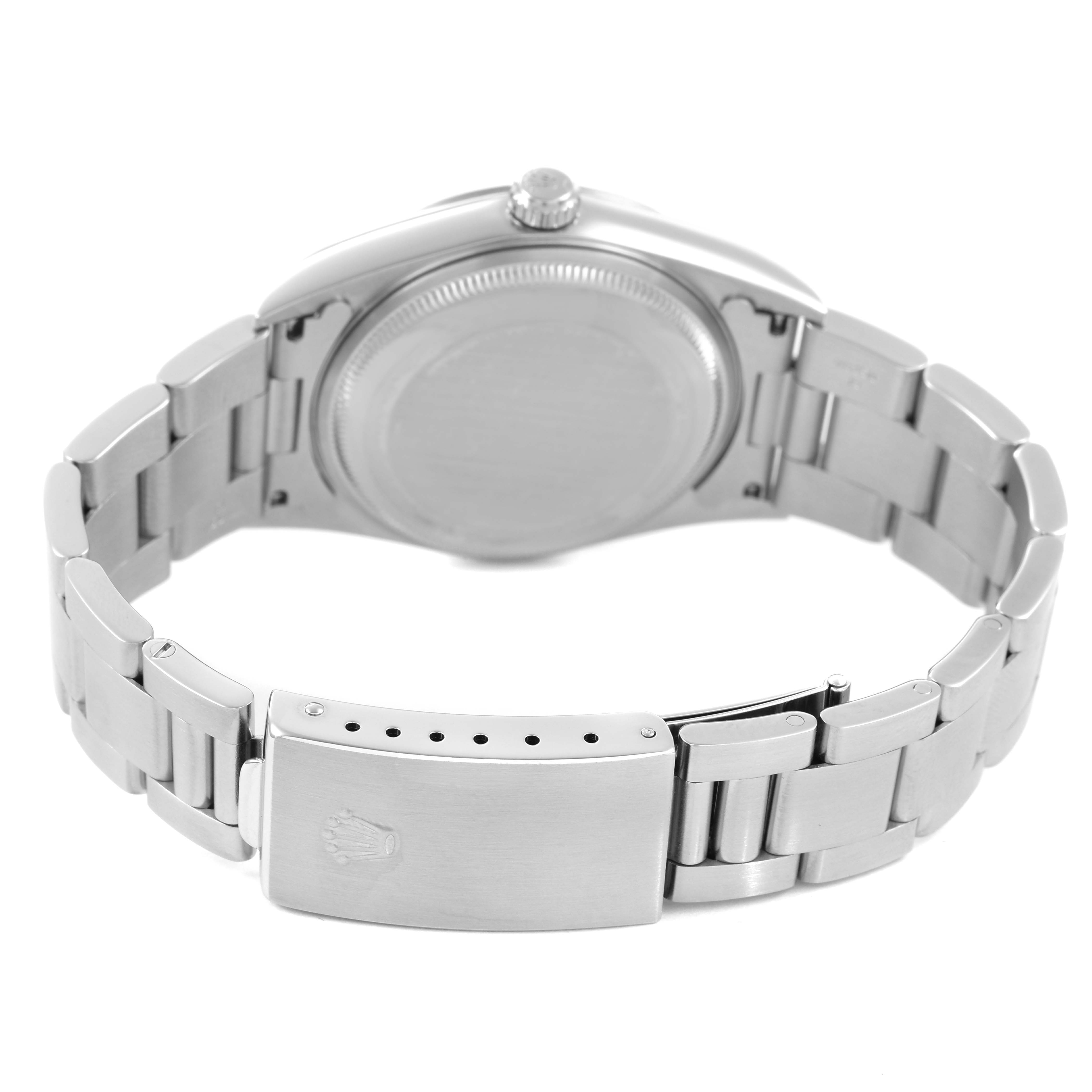 The image shows the back case and bracelet of a Rolex Air-King 14000 Mens Stainless Steel Pink Dial, highlighting the clasp and crown.
