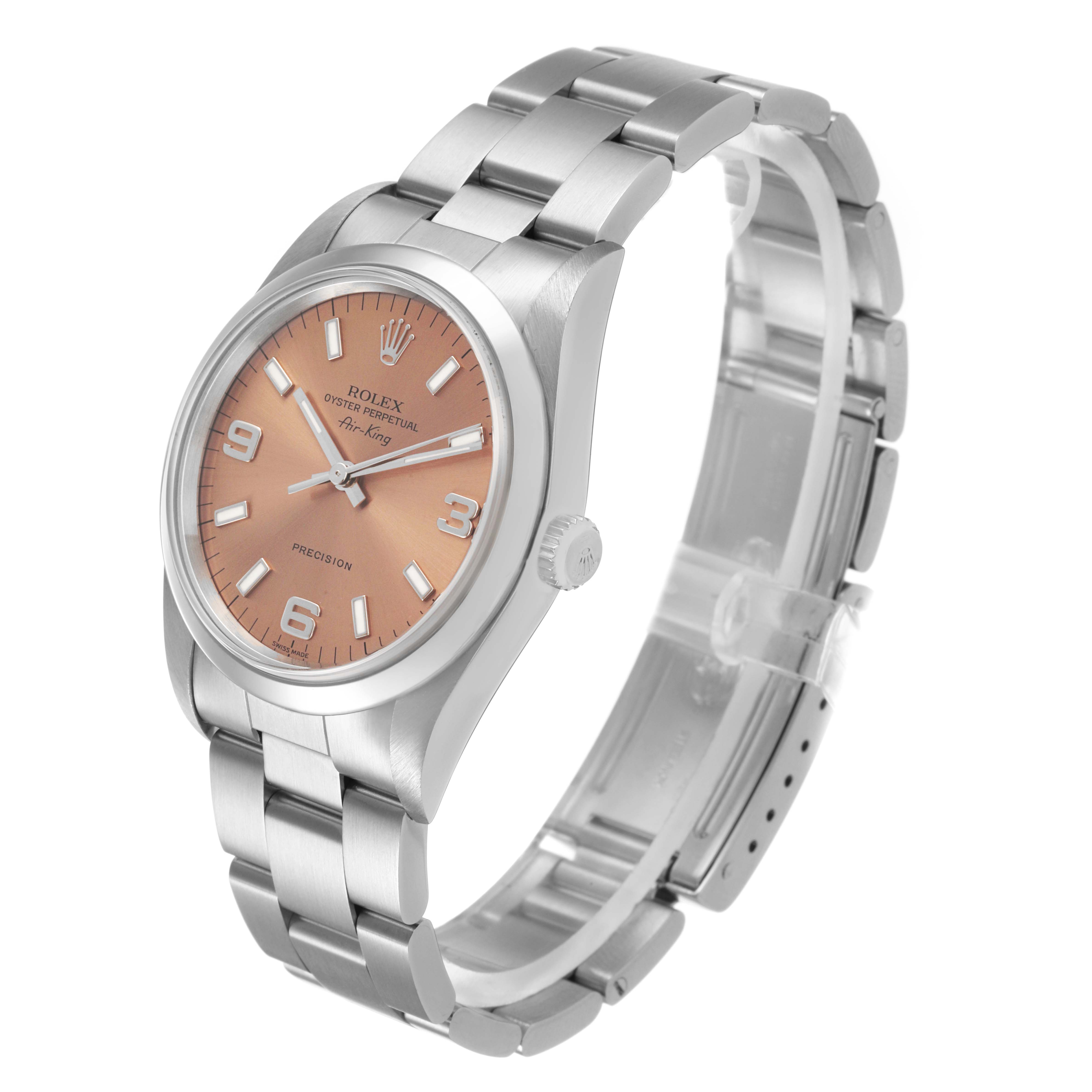 The Rolex Air-King 14000 Mens Stainless Steel Pink Dial watch is shown at a three-quarter angle, highlighting the dial, crown, and stainless steel bracelet.