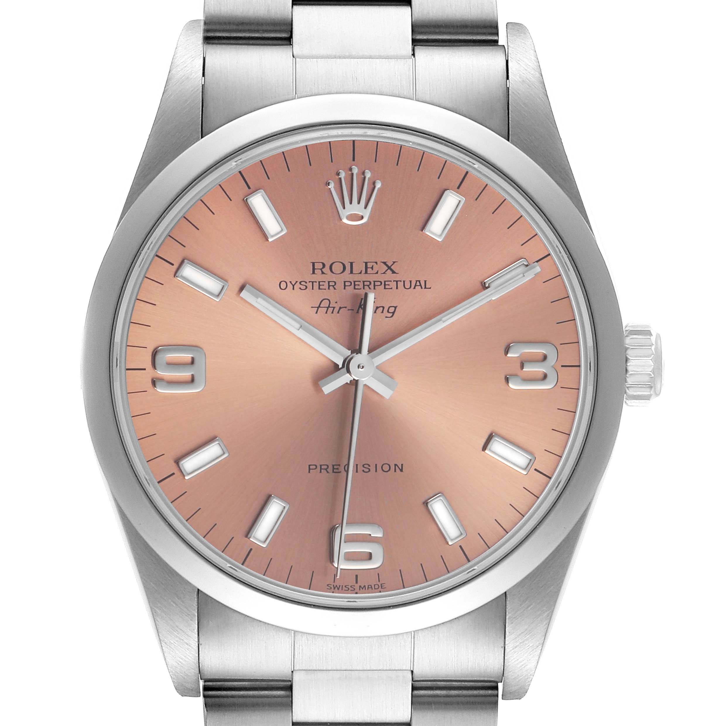 The Rolex Air-King 14000 Mens Stainless Steel Pink Dial watch is shown from the front, displaying its dial, bezel, and part of the bracelet.