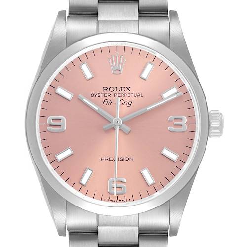 The Rolex Air-King 14000 Men's Stainless Steel Pink Dial watch is shown from the front, displaying the dial, case, and part of the bracelet.