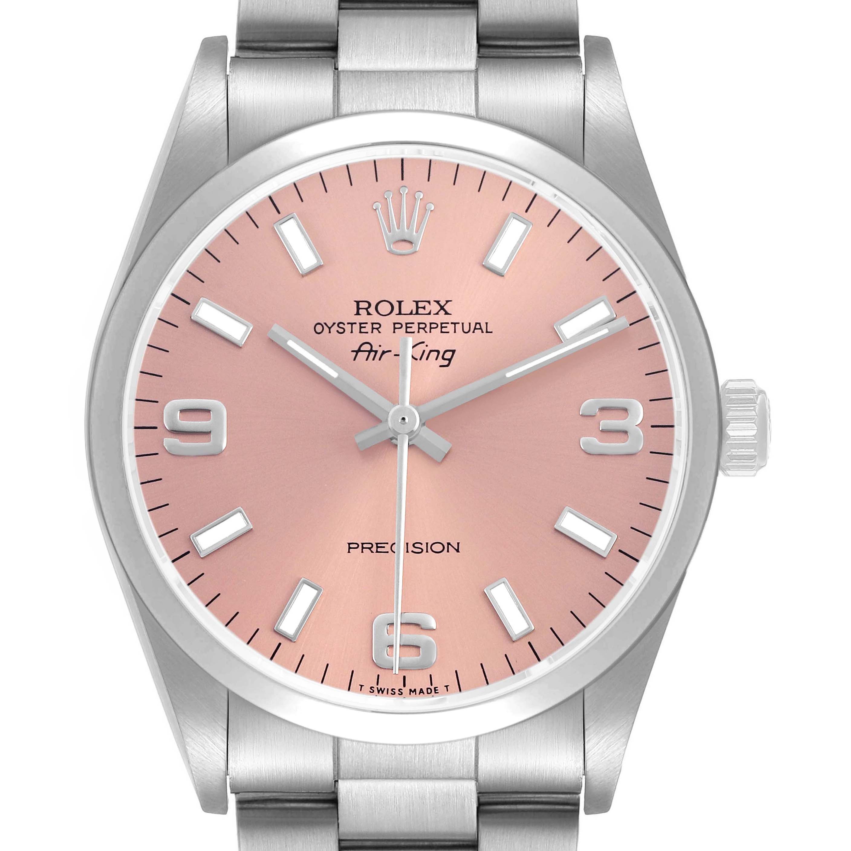 The Rolex Air-King 14000 Mens Stainless Steel Pink Dial watch is shown from a front angle, displaying the dial, hour markers, hands, and part of the bracelet.