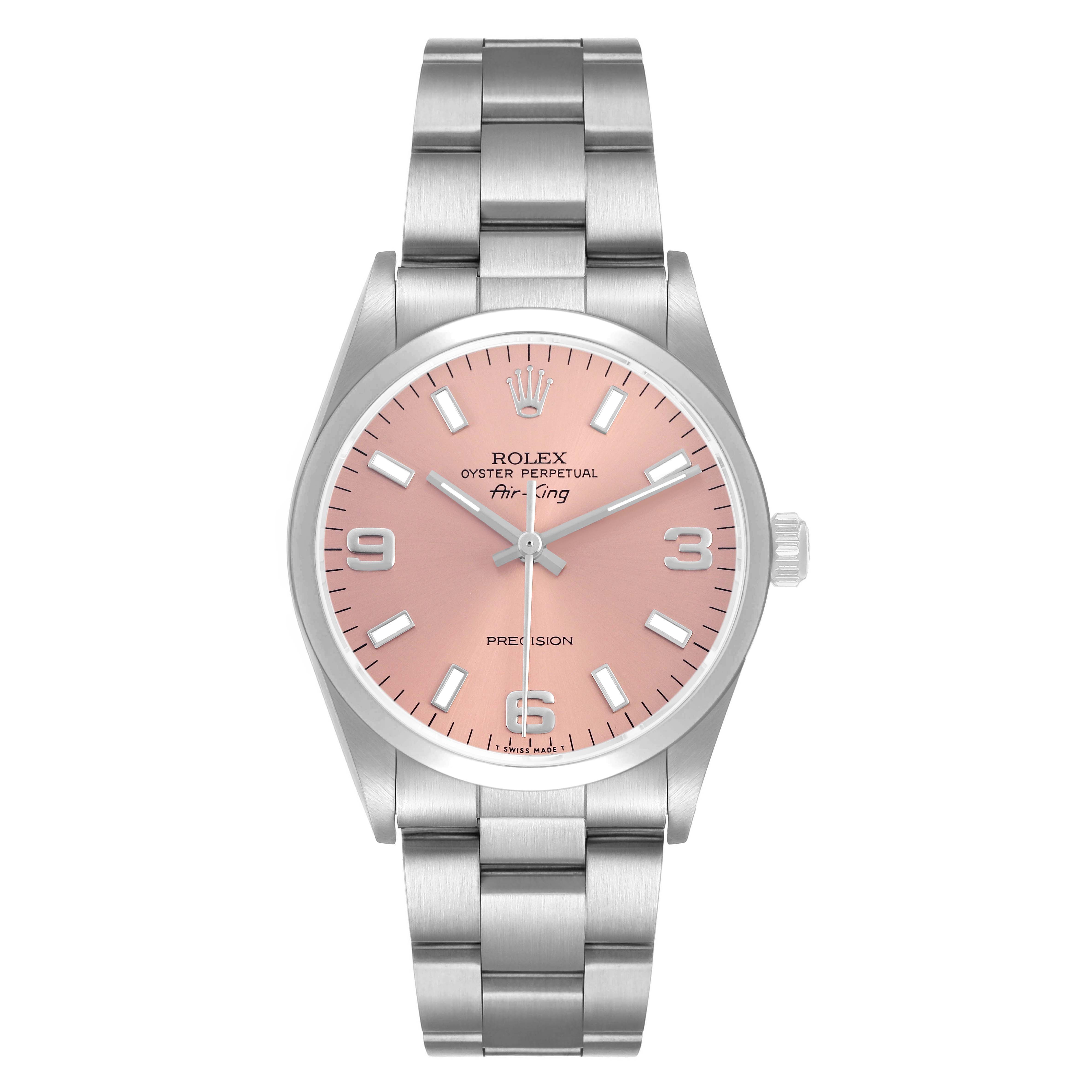 The Rolex Air-King 14000 Mens Stainless Steel Pink Dial watch is shown from a frontal angle, highlighting its face, bracelet, and crown.
